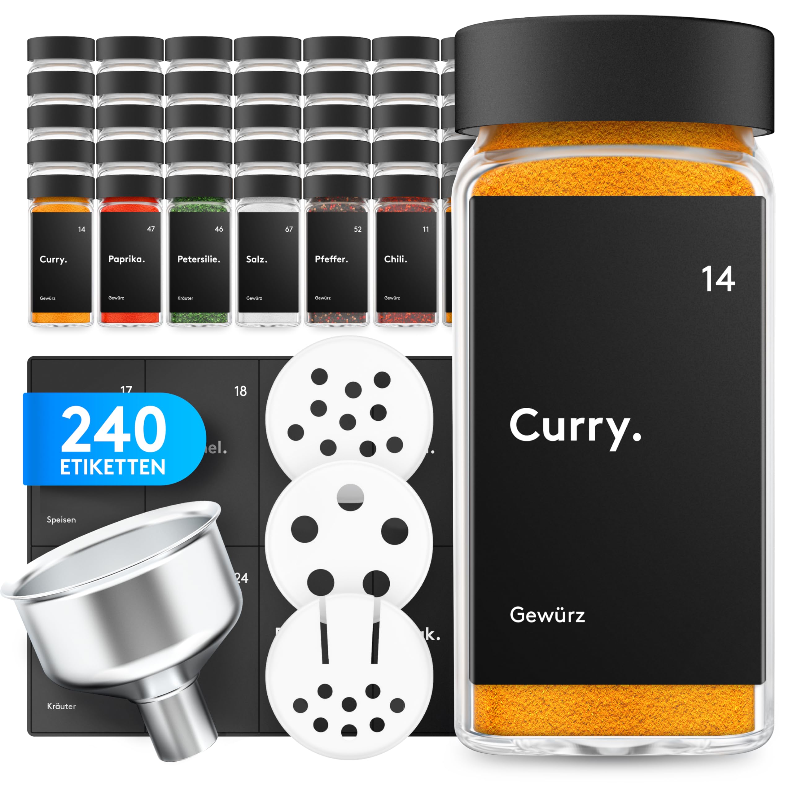 ZMILLA® Gewürzgläser Set Schwarz [24 Stück] Eckig mit Streueinsatz | Inklusive 240 Etiketten + Acrylstift + Aluminiumtrichter | Aufbewahrung Gewürze
