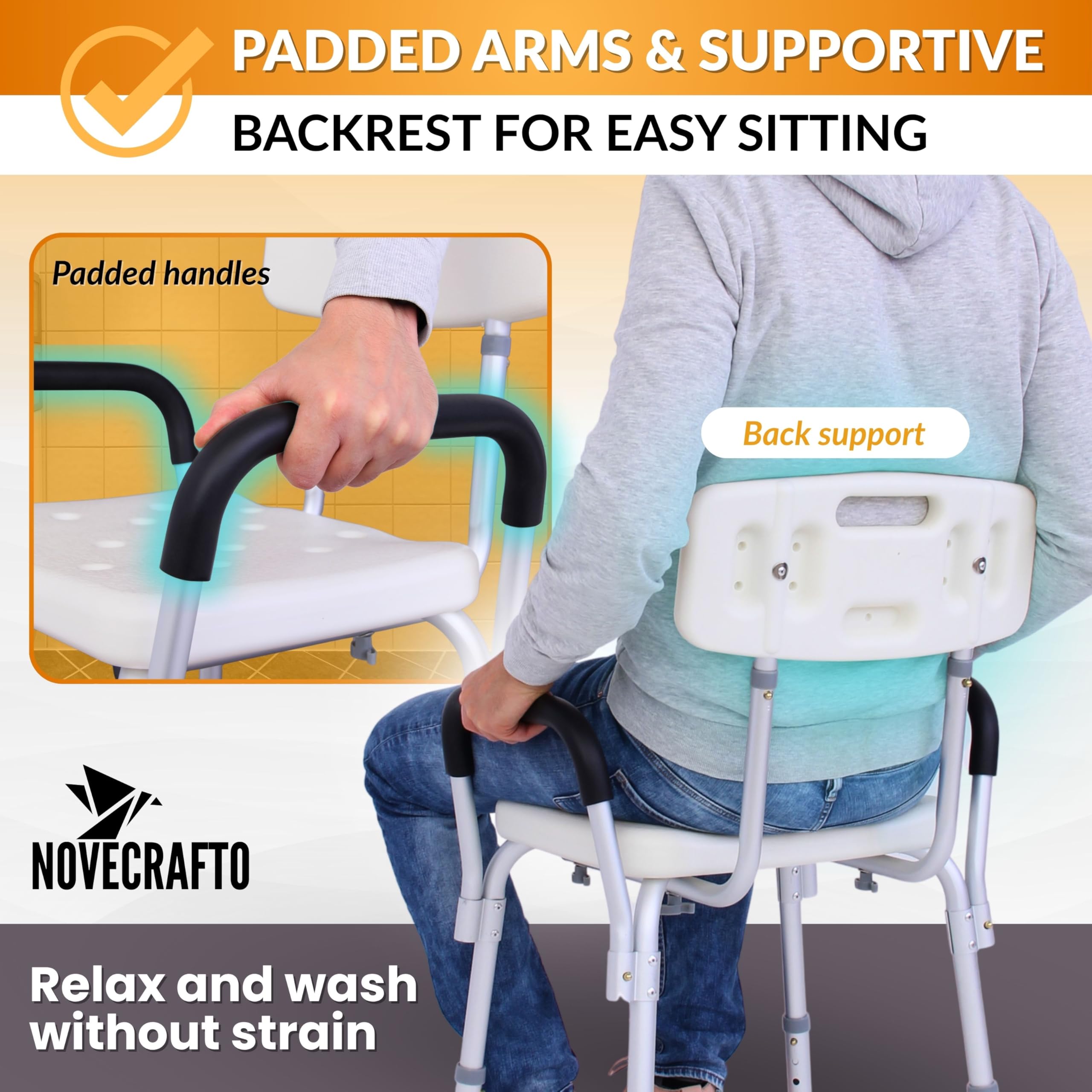 Silla de ducha ajustable con brazos y respaldo para ancianos y discapacitados, silla de baño de aluminio ligero para movilidad – 6 niveles de altura, pies antideslizantes y agujeros de drenaje – Carga