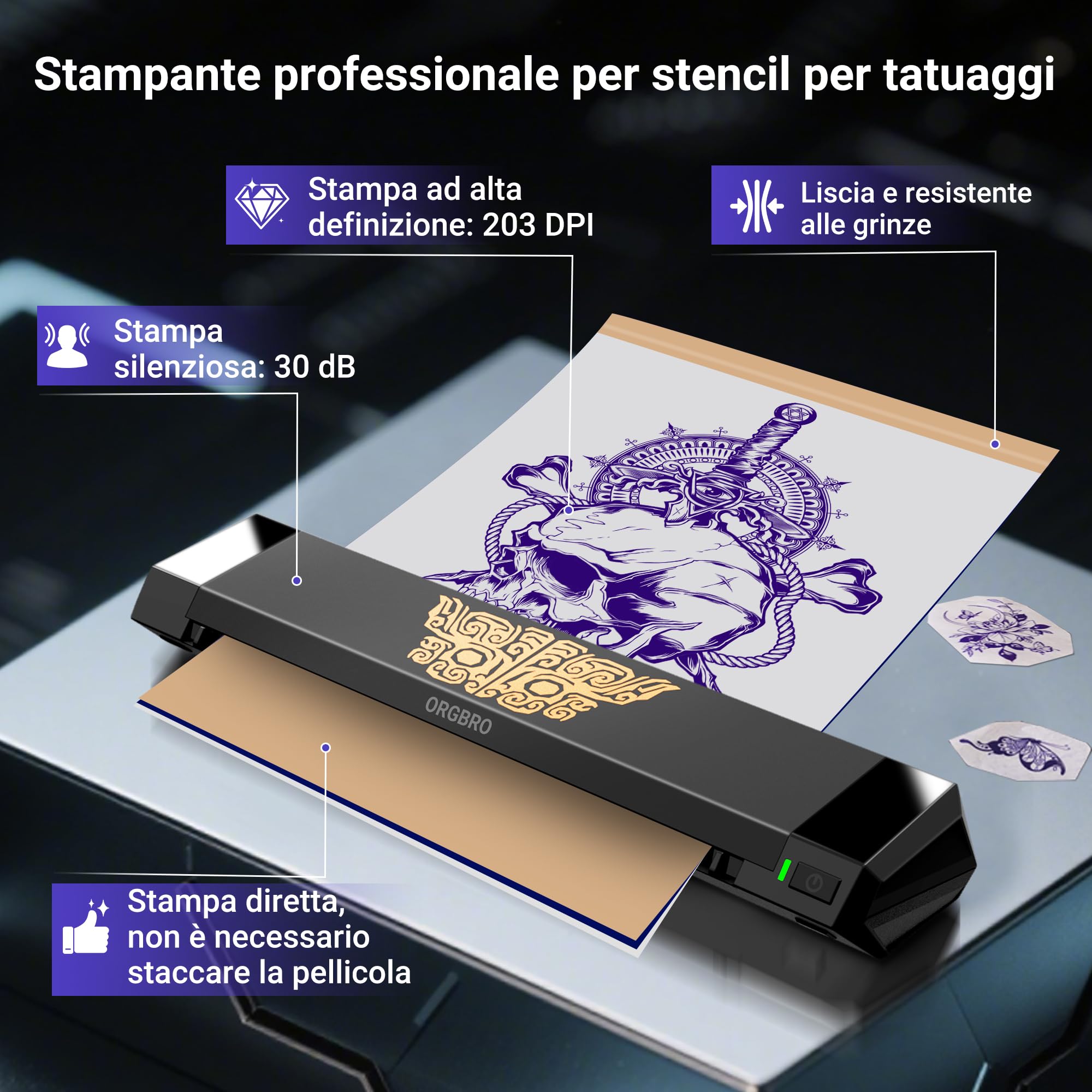 ORGBRO X8 Stampante Stencil Tattoo Bluetooth Stampante per Tatuaggi Termica | con 30 Fogli Di Carta per Tatuaggi Compatibile con Smartphone, Tablet e PC, per Artisti e Principianti