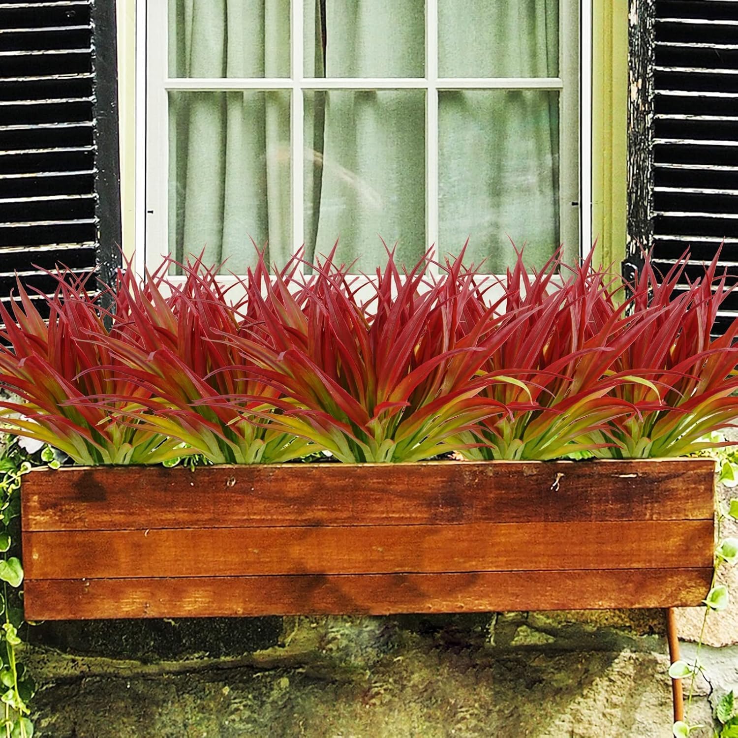 32Pcs Artificial Grass Fake Plants 17.3in Outdoor Plants UV Resistant Greenery Stems Fake Grass for Home Window Garden Office Patio Pathway Front Porch Décor Light Green & Red - Image 2