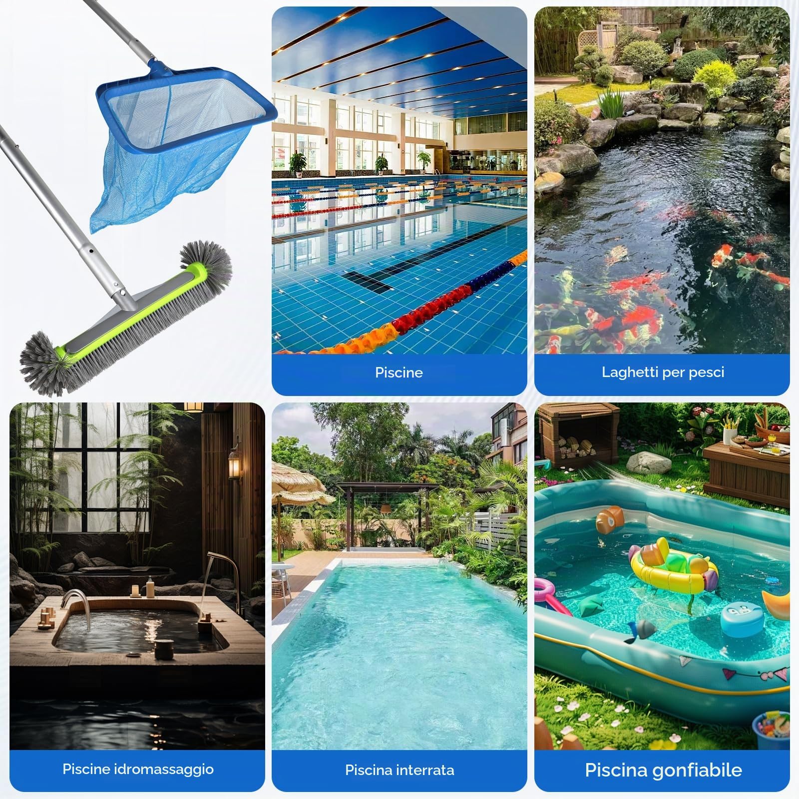 EFUTURETIME 3 Pezzi Set di Pulizia per Piscine, Retino per Fondo, 43cm Spazzola per Piscina Arrotondate con 2,7m Asta Telescopica in Alluminio, Robusto e Rimovibile Può Essere Rapidamente