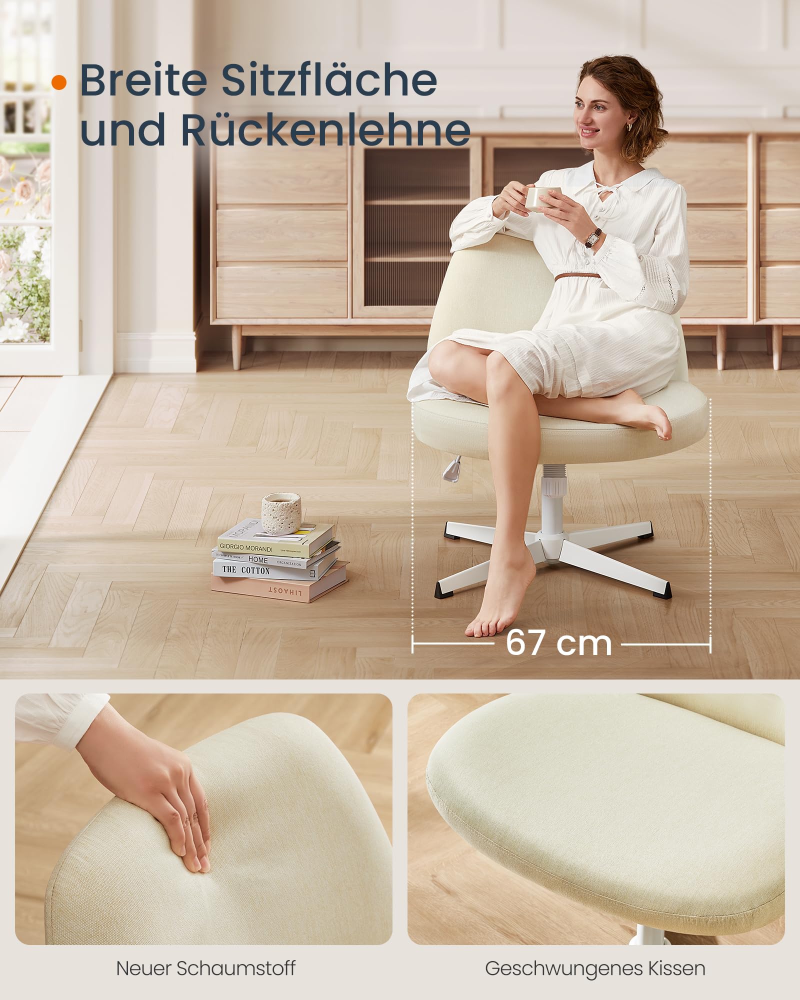 SONGMICS HOME Schneidersitz Stuhl, Schminkstuhl, Drehstuhl ohne Armlehnen, Schreibtischstuhl, breite Sitzfläche, modern, mit Kreuzfuß, höhenverstellbar, Wippfunktion, cremeweiß OBG046W01