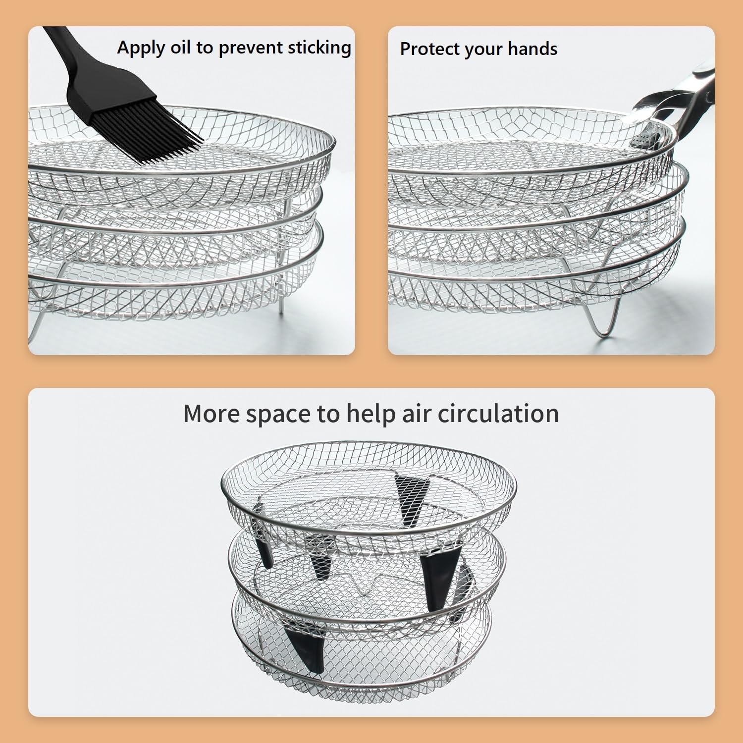 Estantes para freidora de aire de acero inoxidable, 11 piezas, accesorios universales para freidora de aire, estantes deshidratadores apilables de 3 capas con cepillo de aceite y abrazadera, bandeja 6