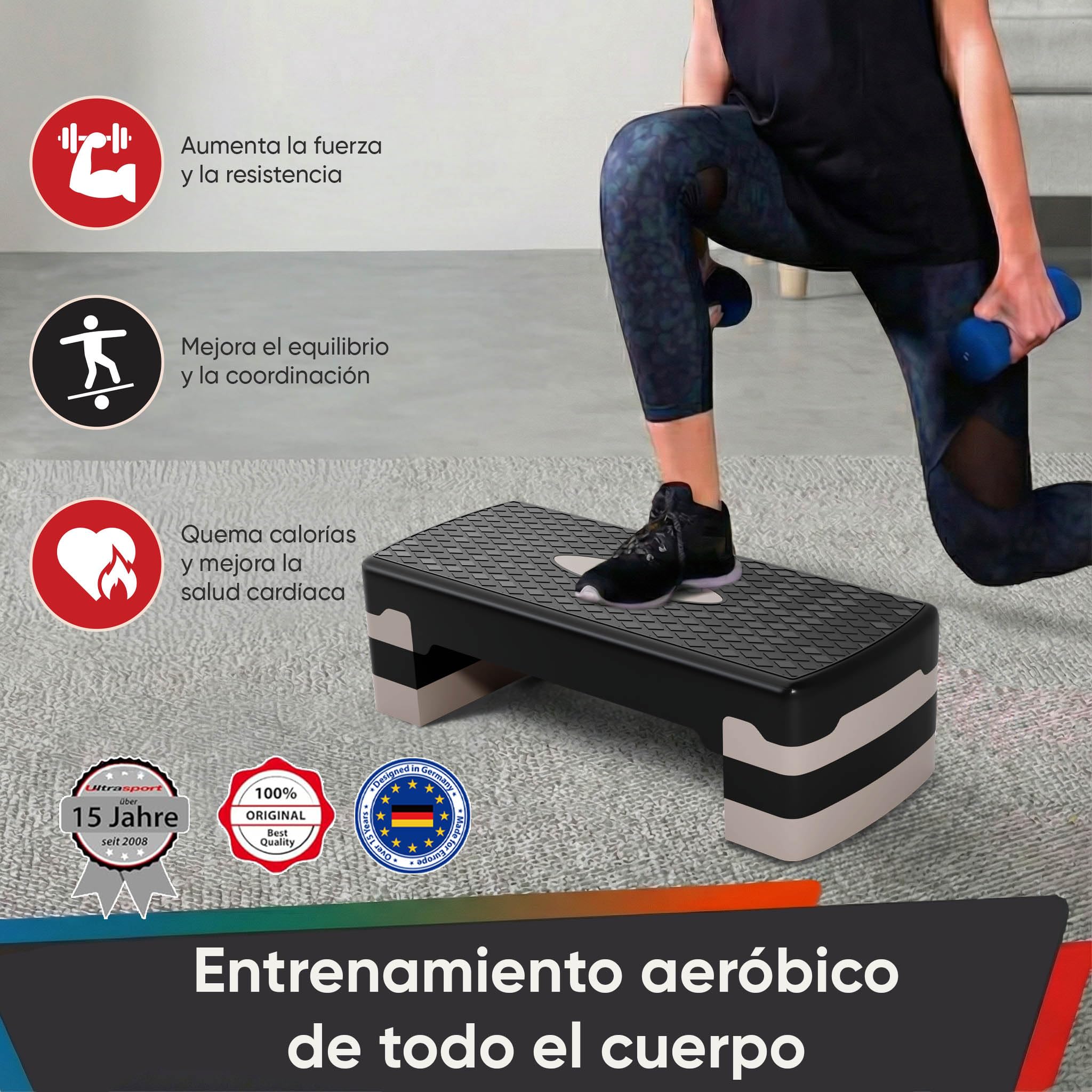 Ultasport Step de Aeróbic I Steps Fitness I Antideslizante, Ajustable en 3 Alturas I Stepper para Ejercicio en Casa, Stepboard, Stepbench 68 x 28 cm, Gris