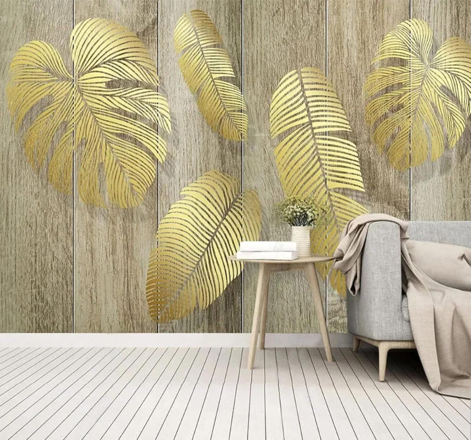 Décoration Salon Chic - Fresque Végétale Feuilles D'Or 200x140cm Moderne