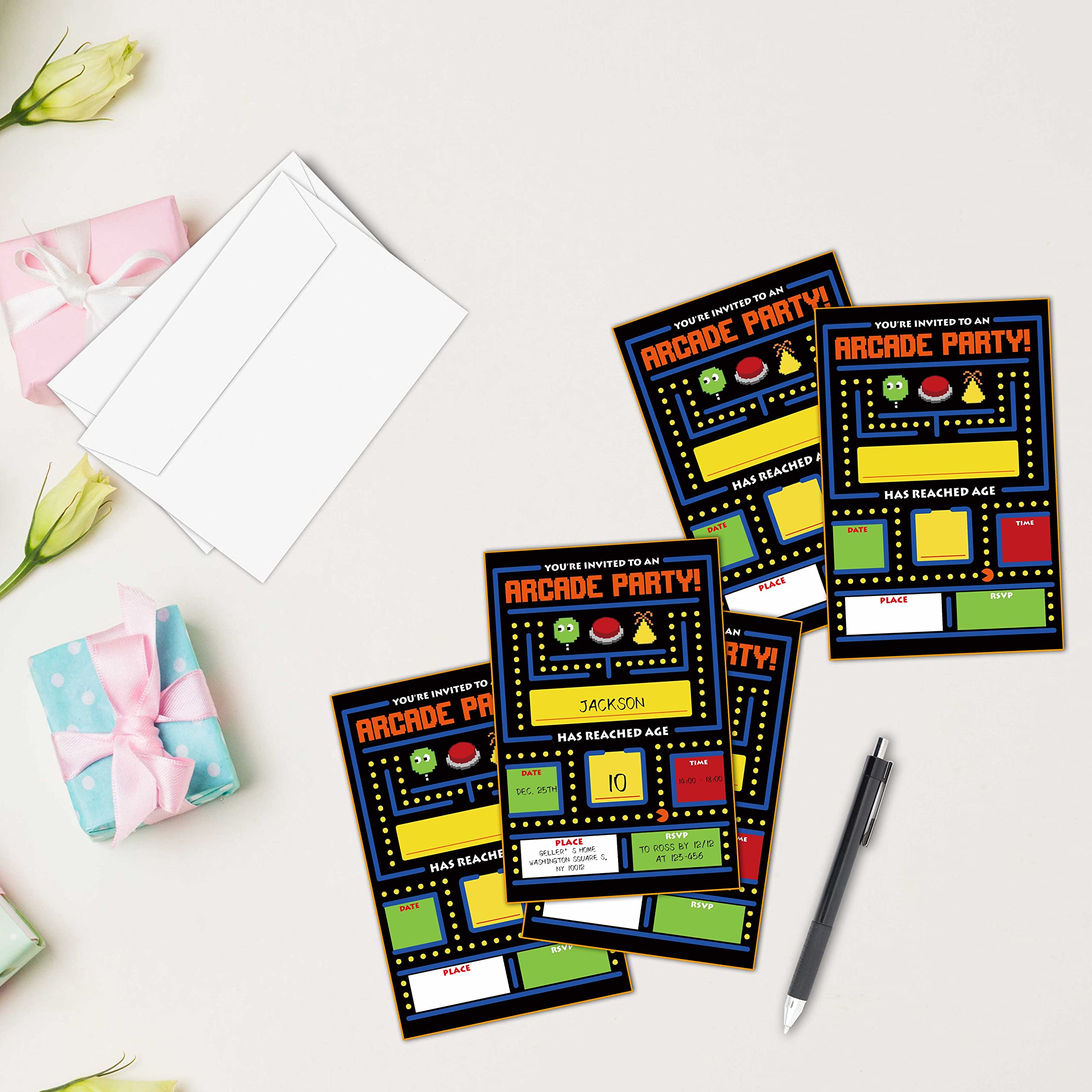 Invitaciones de cumpleaños de fiesta de arcade, invitación de videojuegos, invitaciones de fiesta de cumpleaños estilo relleno con sobres para niños y niñas (paquete de 20), decoraciones y