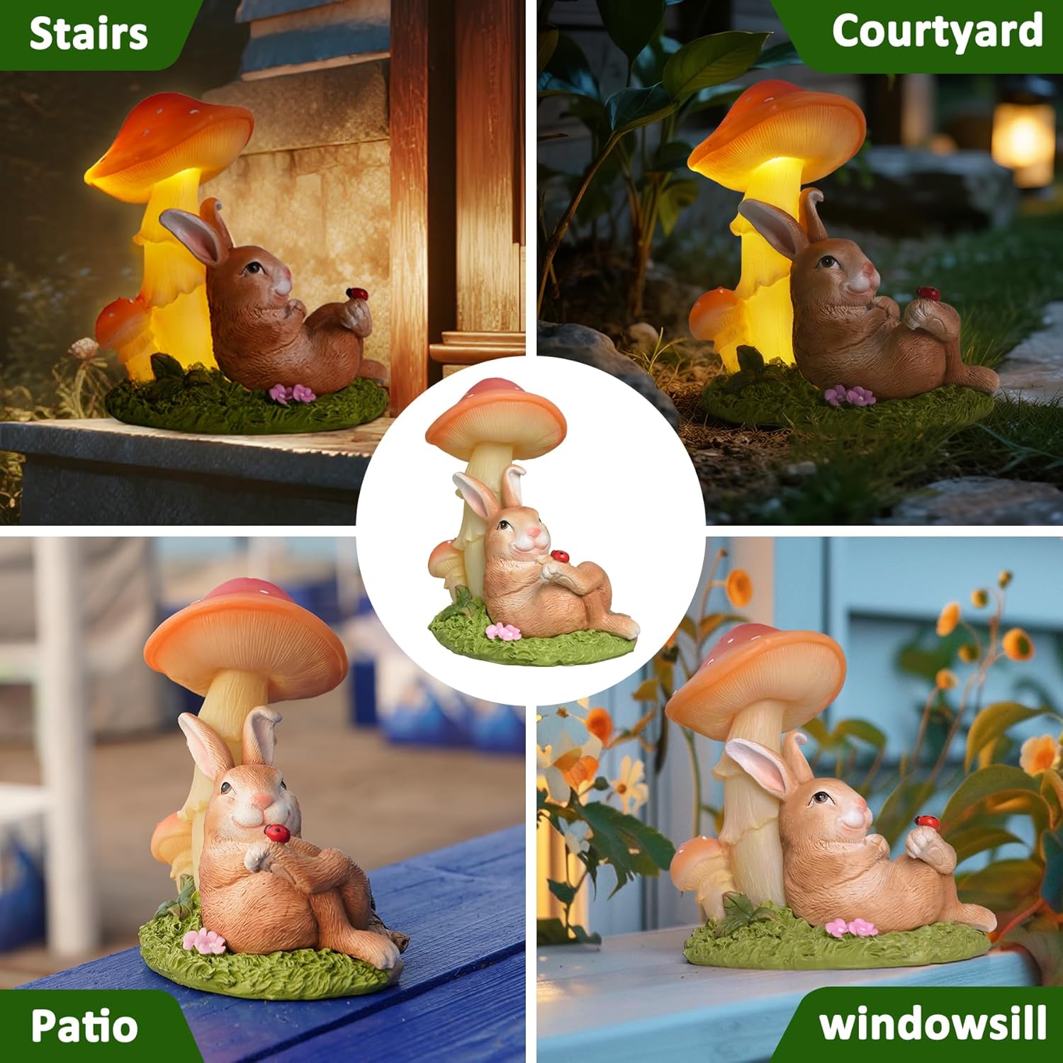 Solar Rabbit Garden Statues Outdoor Decor, Solar Garden Decor with Mushroom Lights, Resin Yard Decorations Outdoor for Patio, Porch, Balcony, Lawn Ornaments, Housewarming Birthday Gifts for Mom Women - Image 7
