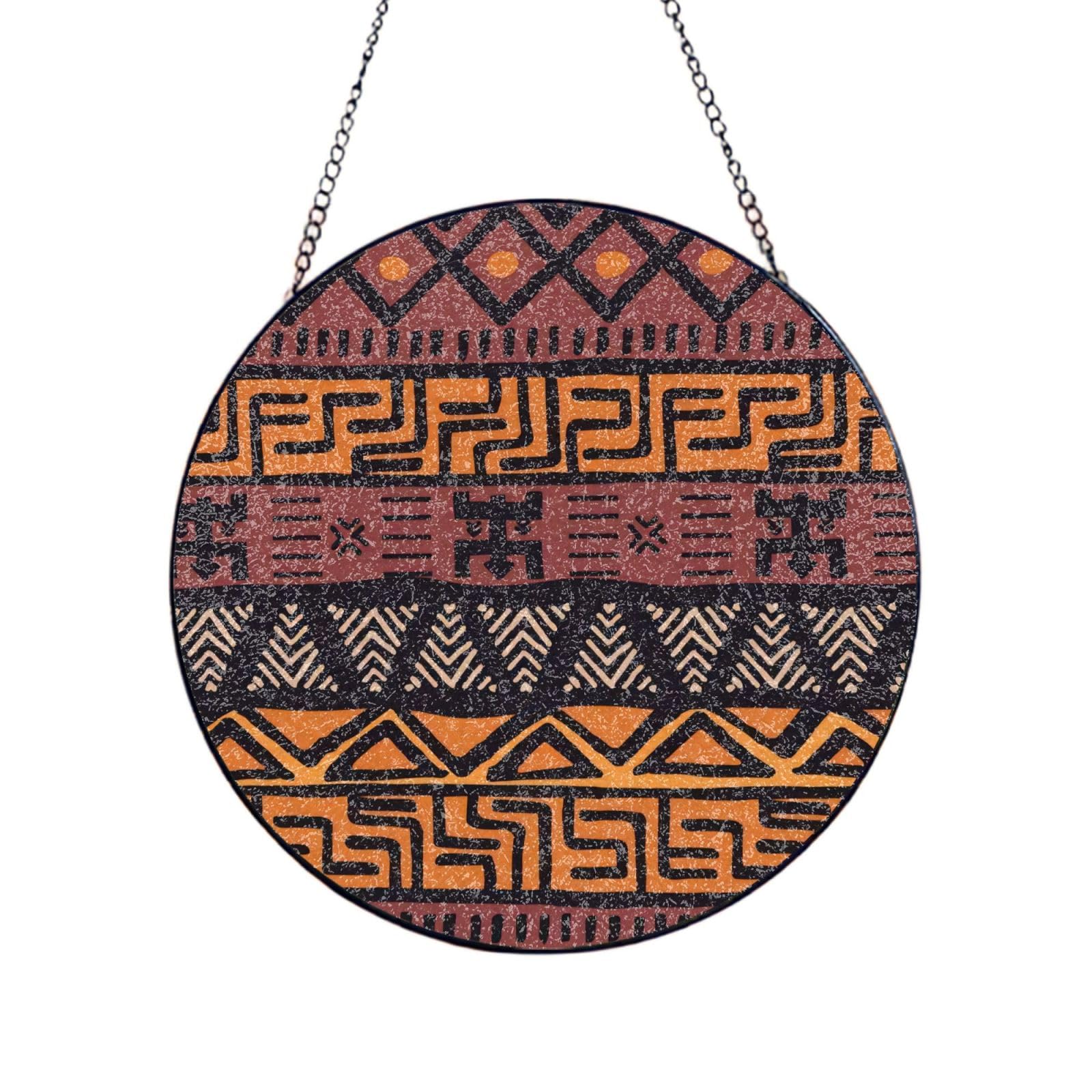 Phayah African Mud Cloth Tribal Print Glass Window Hanging Round Suncatcher Glass Ornament Garden Wall Fence Decorations Indoor Outdoor 4in（10cm）