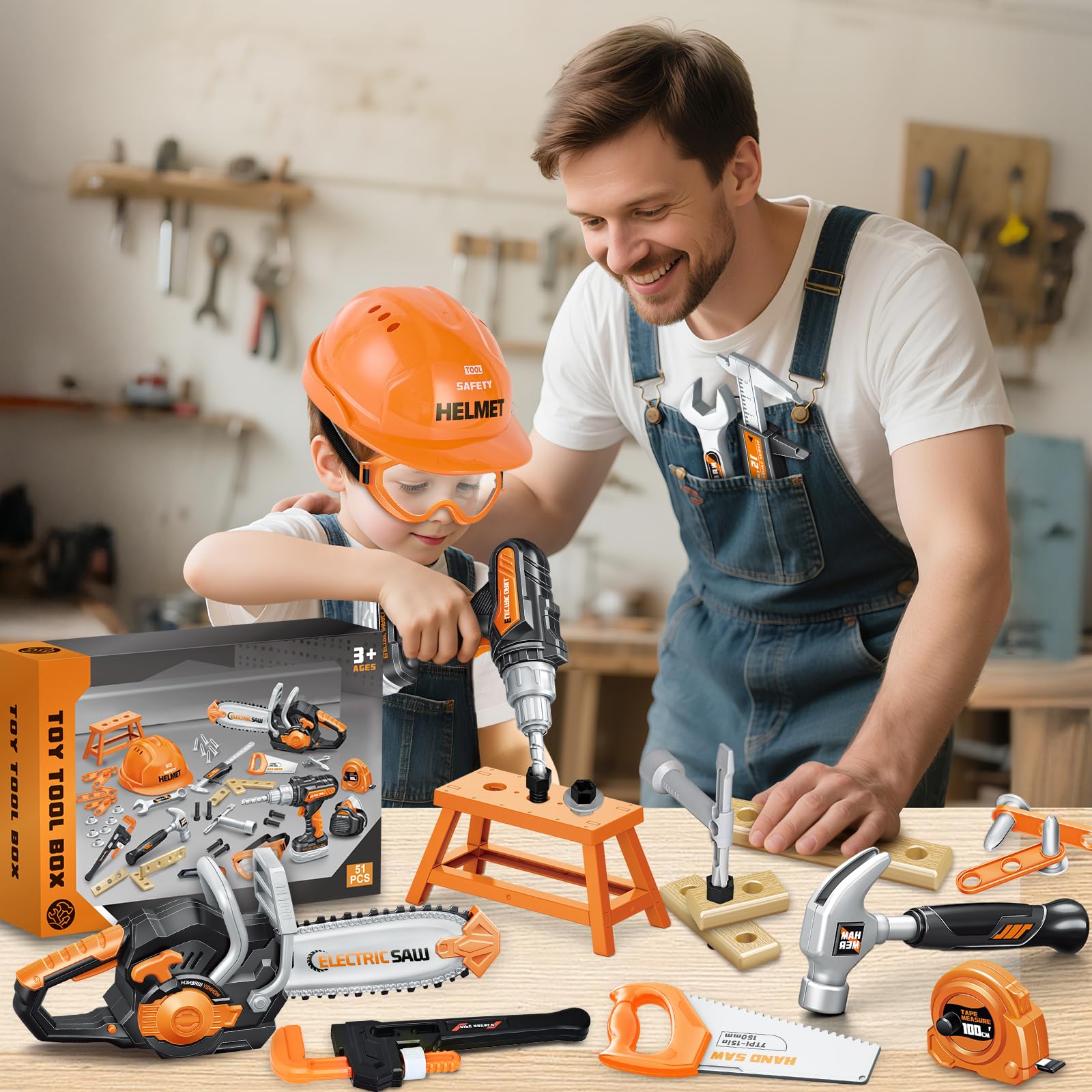 SpringFlower 51Pcs Kids Tool Set with Toy Chainsaw& Electronic Drill Toy, Toddler Tool Set, Construction Toys Tool for Kids age3,4,5,6,7,8, Tool Kit Toy for Christmas Birthday Gifts