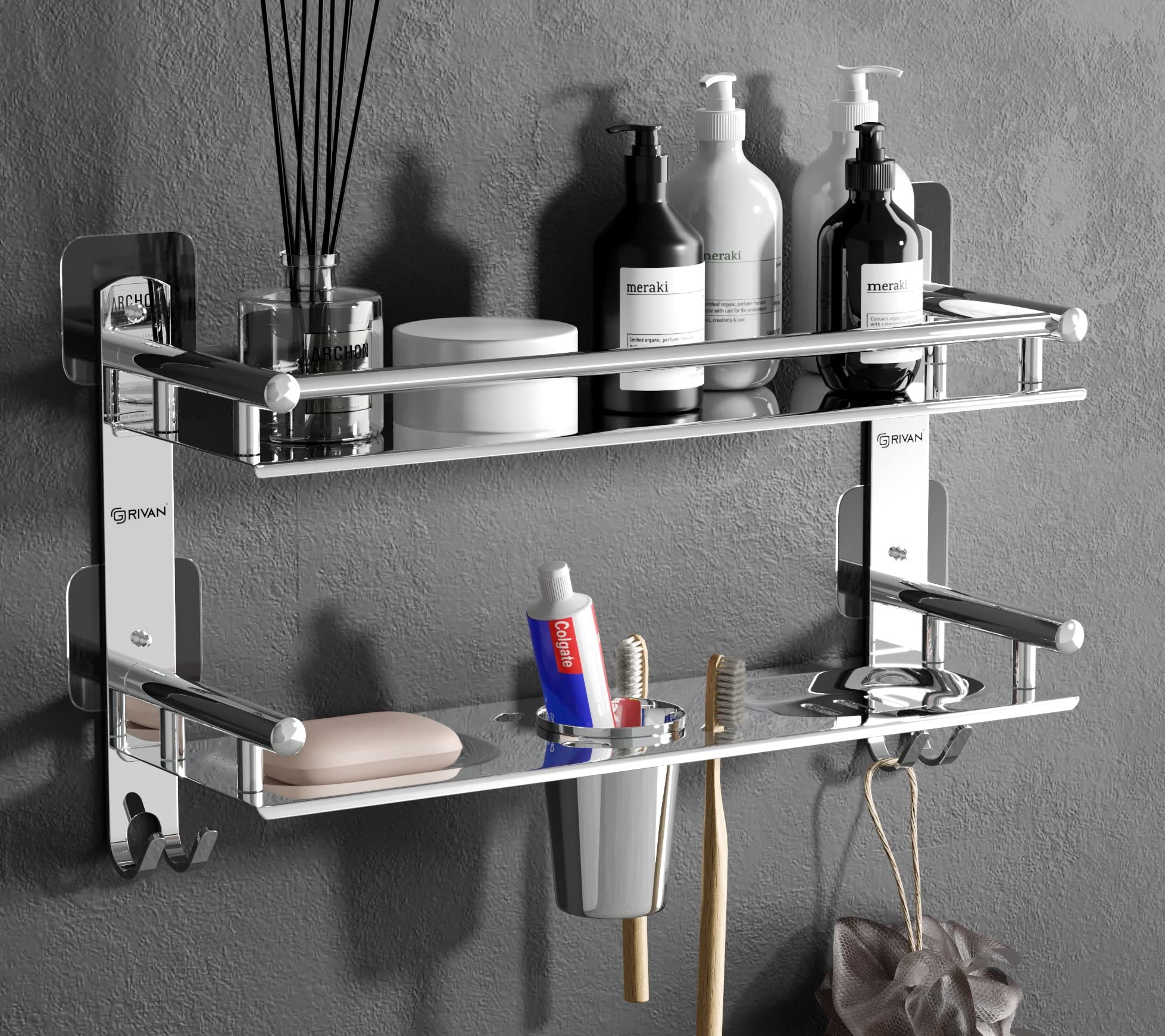 GRIVAN Stainless Steel Shelf Adhesive 2 Tier Multipurpose Shelf/Shelve/Rack/Organizer/Stand/Holder with Double Soap Dish and Toothbrush Holder Bathroom Accessories (B0C45YZCD7) Amazon Price History, Amazon Price Tracker