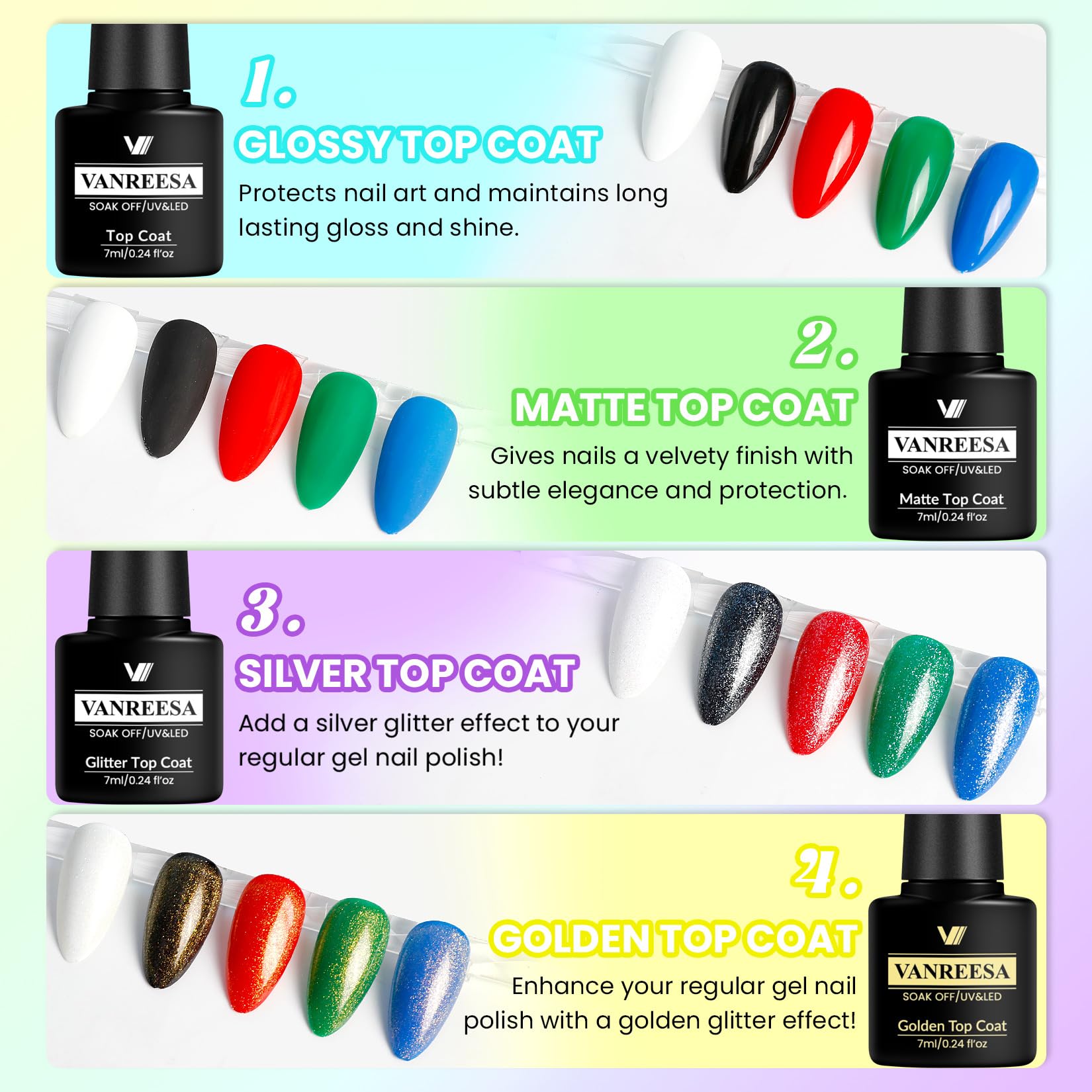 Juego de 60 esmaltes de uñas de gel, 55 colores con capa base y 4 efectos de capa superior, juego de esmalte de gel a todo color para todas las estaciones, regalo para mujeres y niñas, salón 7