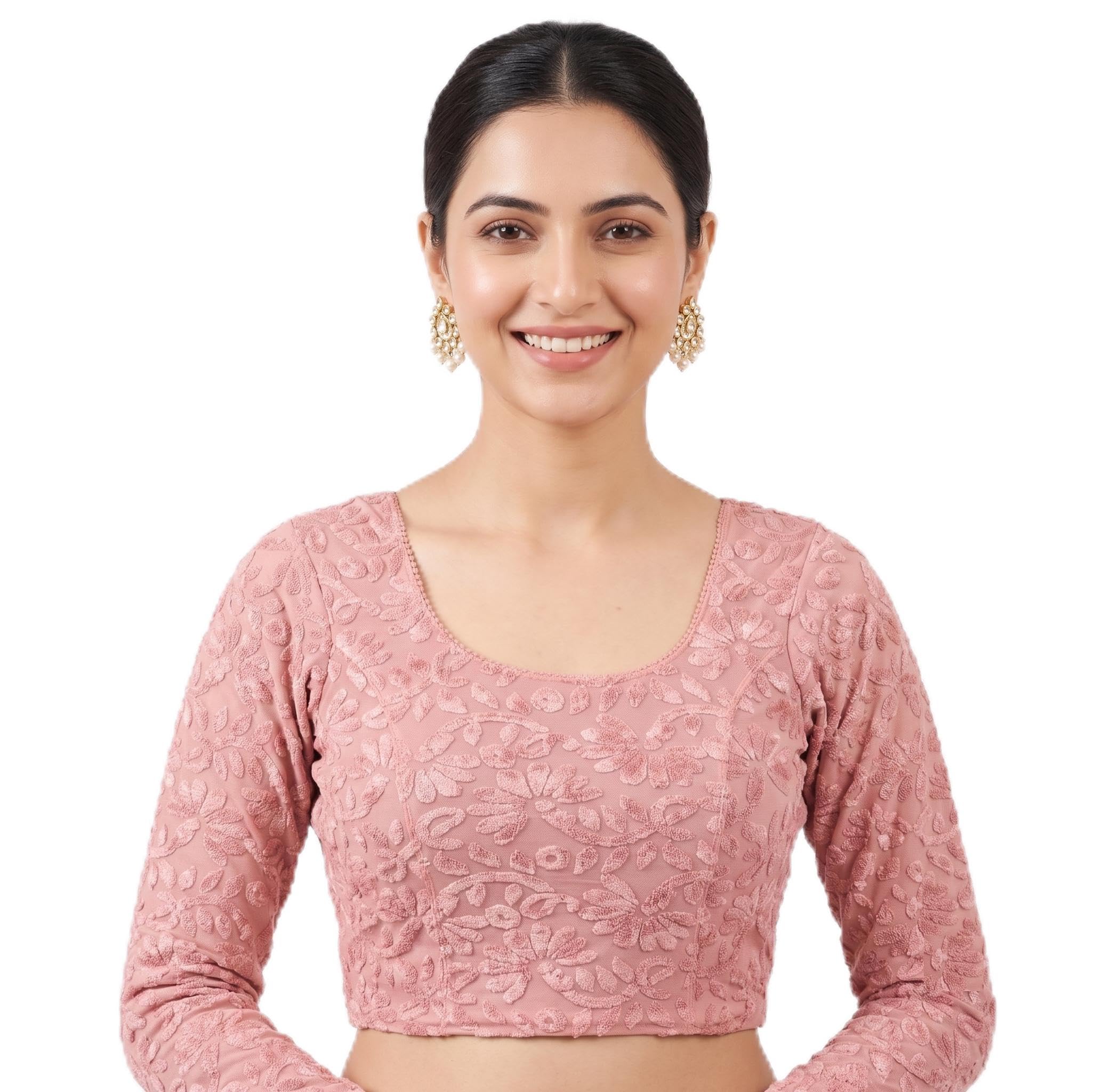 Women's Pink Chikankari Embroidered Saree Blouse, Full Sleeve Stretchable for Women|Readymade Blouse for Women|Stretchable Blouse Readymade-image-16