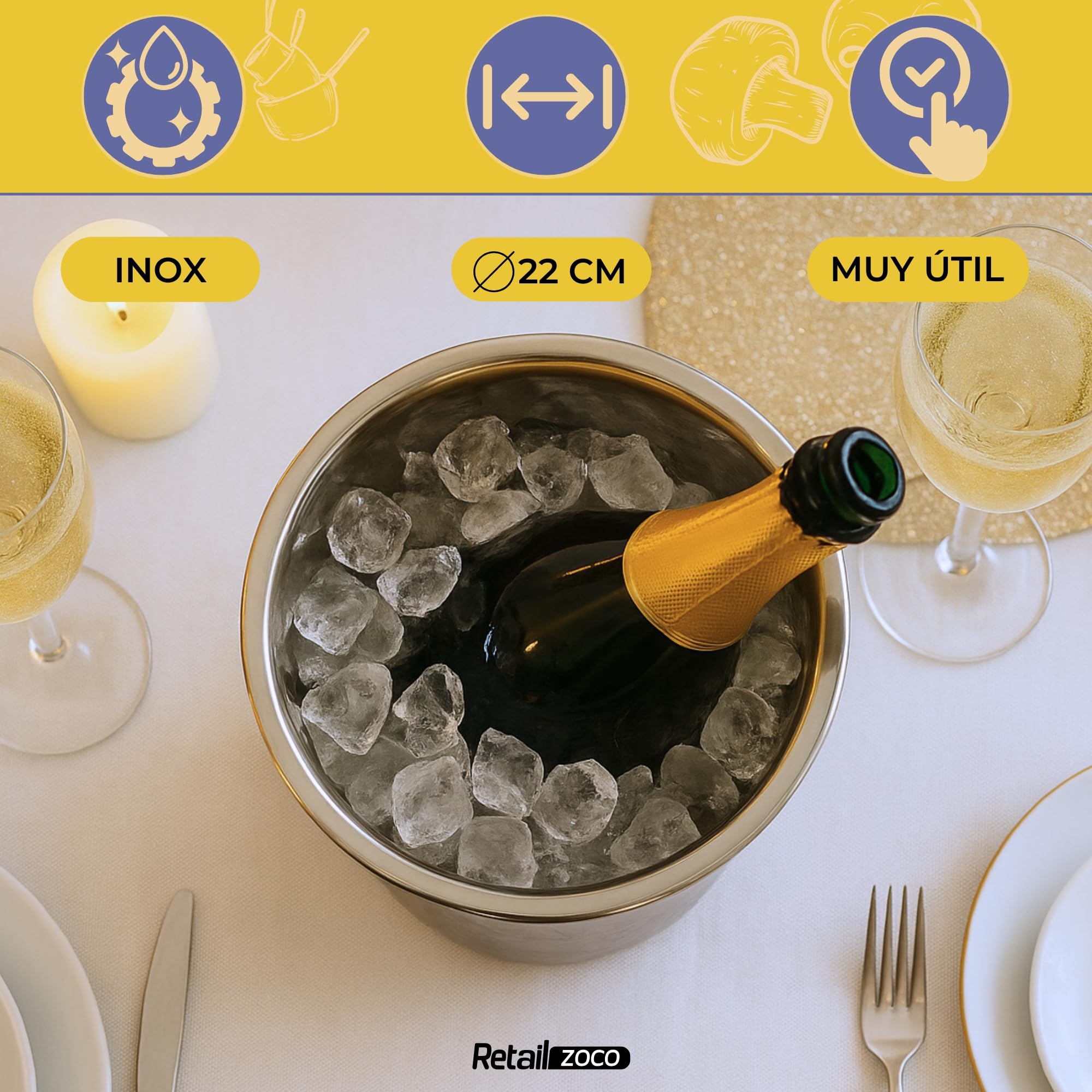CHEFZOCO Champanera con asass, Cubitera Acero Inoxidable, Cubo de Champán, Enfriador de Botellas, Diámetro 22 cm, Altura 21 cm, Acero Inoxidable, Apto para Enfriar refrescos, champán, Vino, Cerveza
