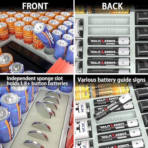 Miniatura 5 de Estuche organizador de baterías de doble cara con probador, más de 269 ranuras para pilas AA AAA C D 9V 18650 CR123, tapa transparente, contenedor