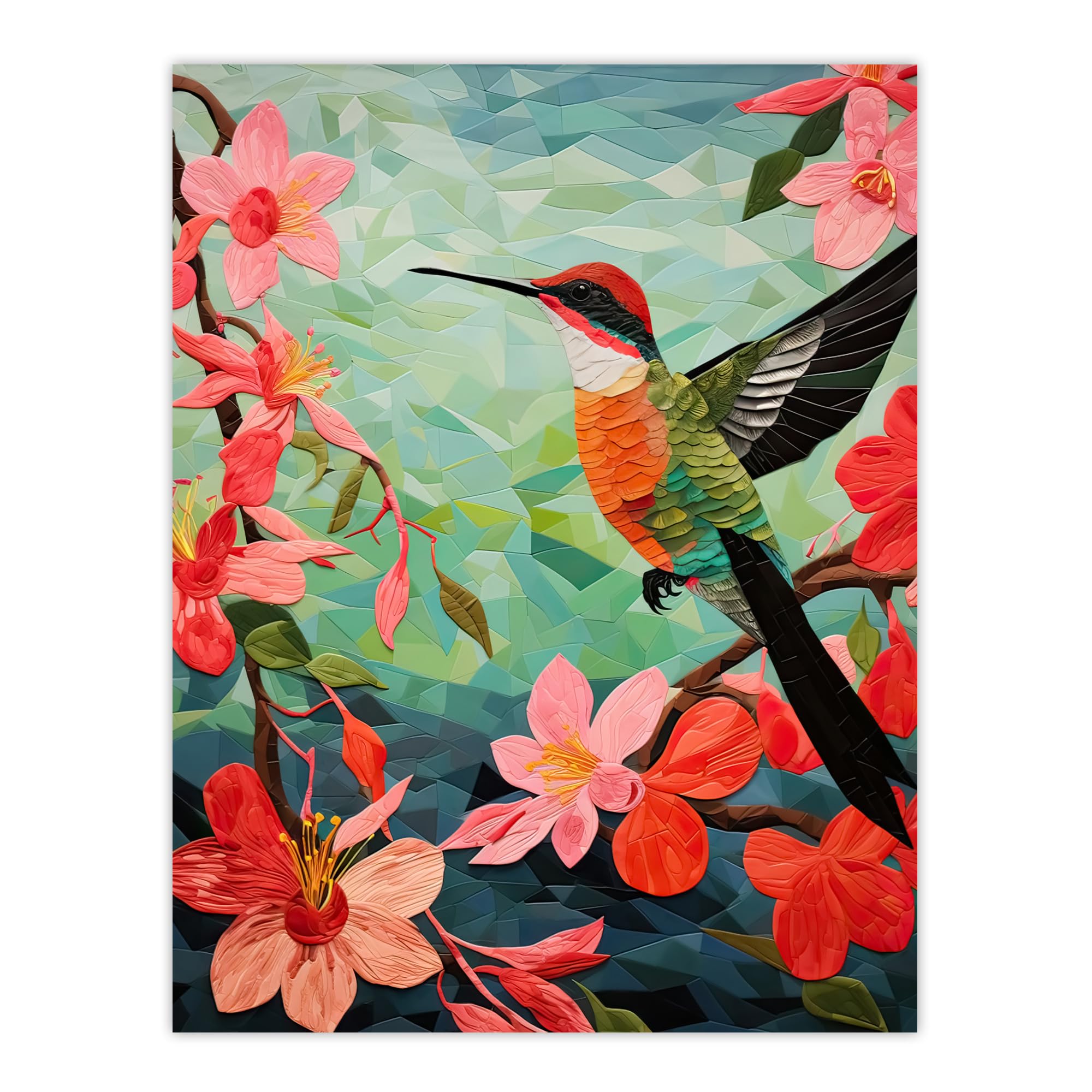 Artery8 Hummingbird and Pink Hibiscus Flowers Colourful Textile Quilt Design with Spring Blooms Large Wall Art Poster Print Thick Paper 18X24 Inch