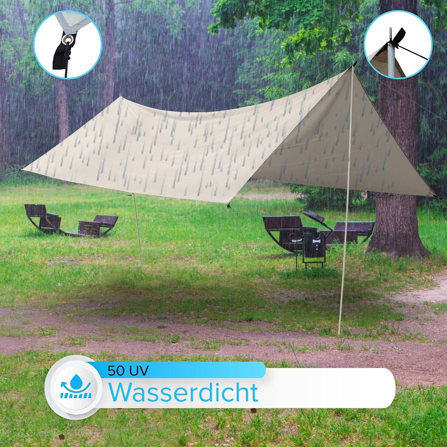 Defacto Sonnensegel Rechteckig 3x4m UV-Schutz & Wetterschutz Sonnenschutz Set inkl. Befestigungsseile mit 2 Stangen, für Balkon, Terrasse, Camping, Polyester | Beige