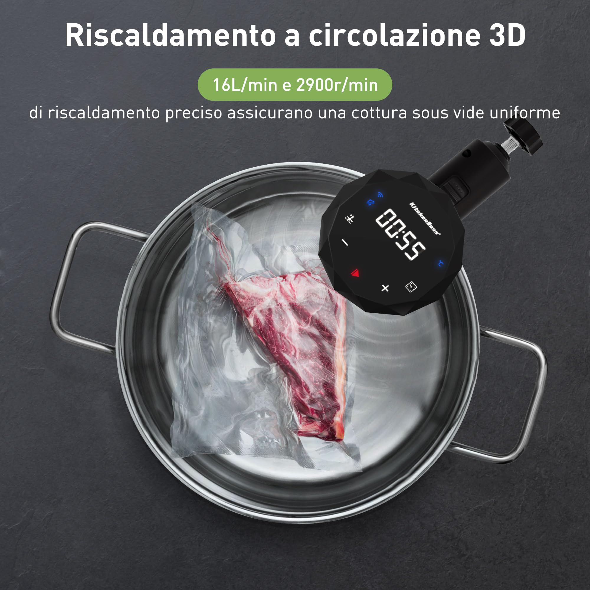 KitchenBoss WiFi Sous Vide Roner 1100W IPX7 40℃-90℃ LED Display Ultra-Silenzioso