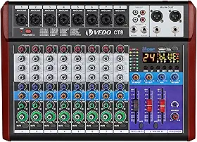 VEDO Mesa de Mistura CT8 Profissional de 8 Canais com Equalizador de 3 Bandas, 24 Efeitos DSP, Bluetooth 5.0, Reprodução/Gravação USB, Alimentação Phantom 48V para Som ao Vivo, Estúdio, Karaokê