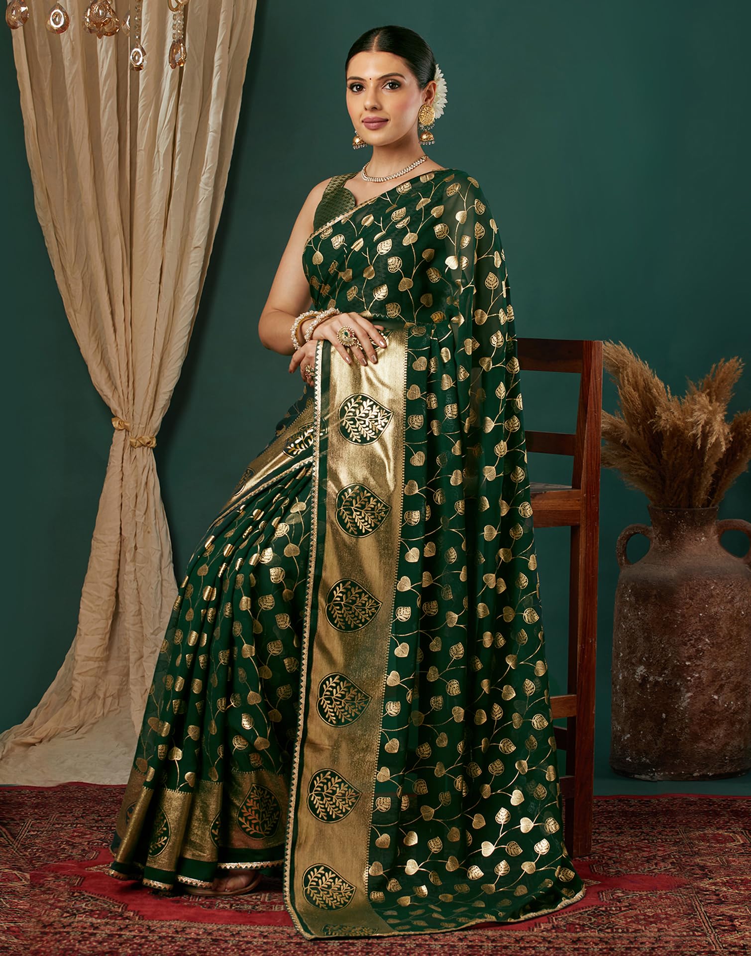 SIRIL Women's Georgette Foil Printed Saree with Unstitched Blouse Piece (4443S340_Dark Green) - Image 3 thumbnail