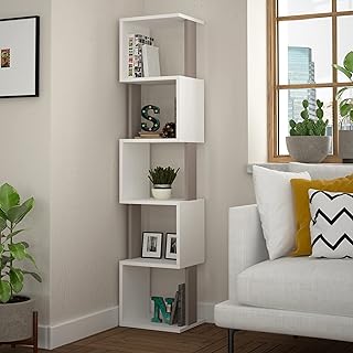 5 Tier Cube Bookcase, Open Shelving Display Storage Unit Office, Living Room Furniture, Modern Free Standing Display Corner | Wall Bookcase with Many Colour Options by Hocuspicus (White, Light Mocha)