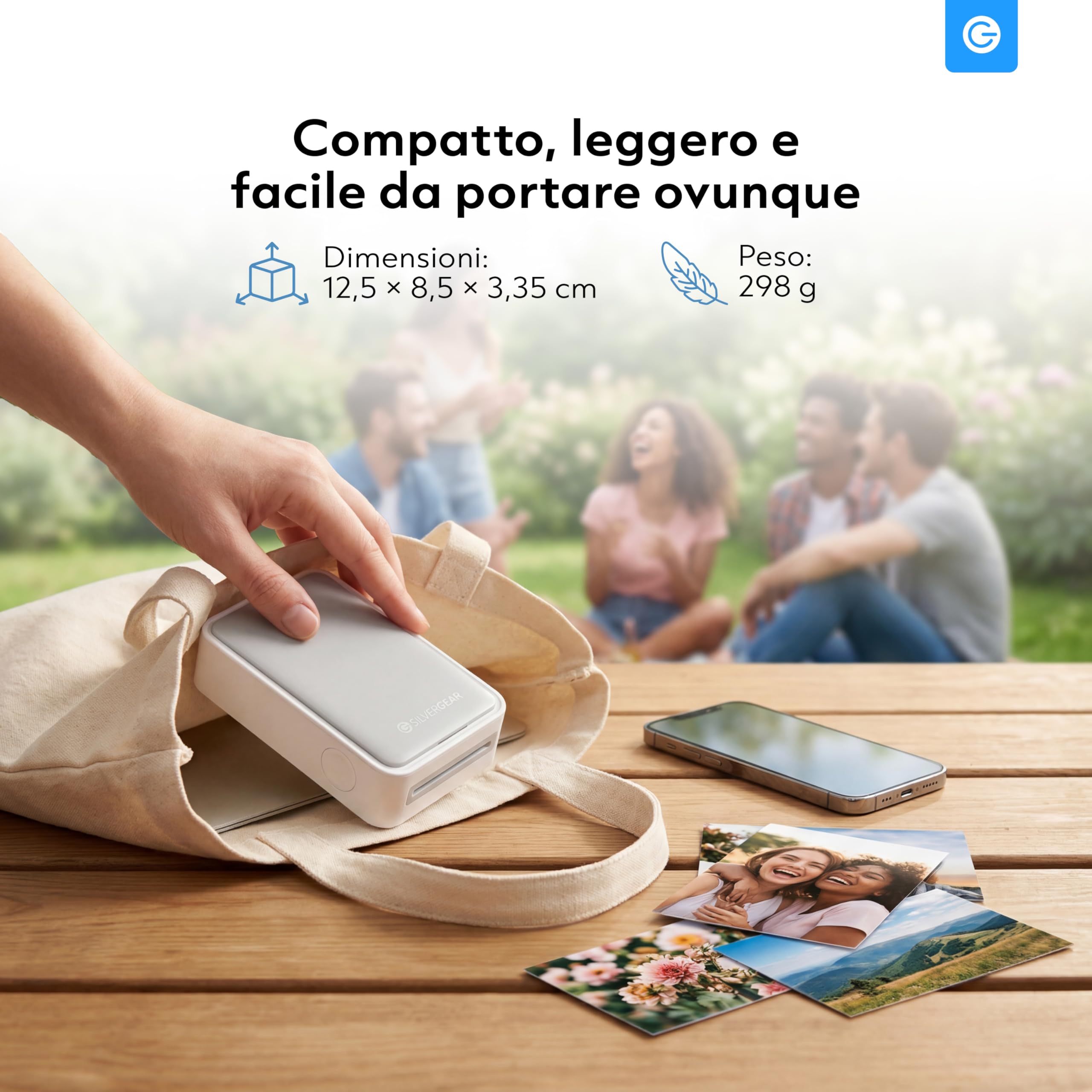 Silvergear® Stampante fotografica per smartphone, mini stampante Bluetooth con app, iOS e Android, stampante istantanea da 300 dpi, sublimazione a colori a 4 pass, matrimonio e journaling, con fogli