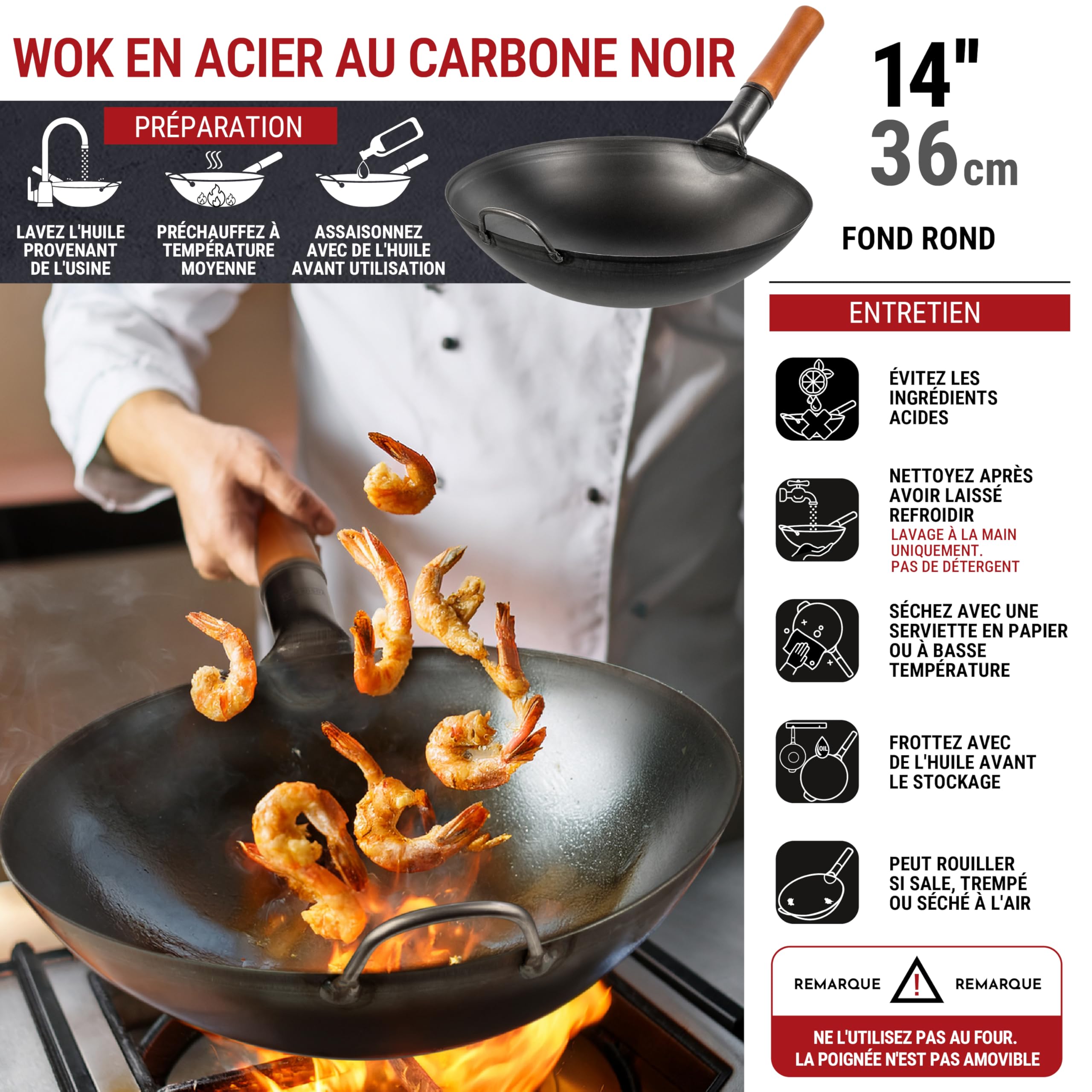 YOSUKATA Wok en acier au carbone de 35,6 cm avec fond rond – Wok Pow pré-assaisonné pour sauté – Poêle traditionnelle chinoise japonaise en acier noir – Batterie de cuisine d'extérieur pour cuisinière