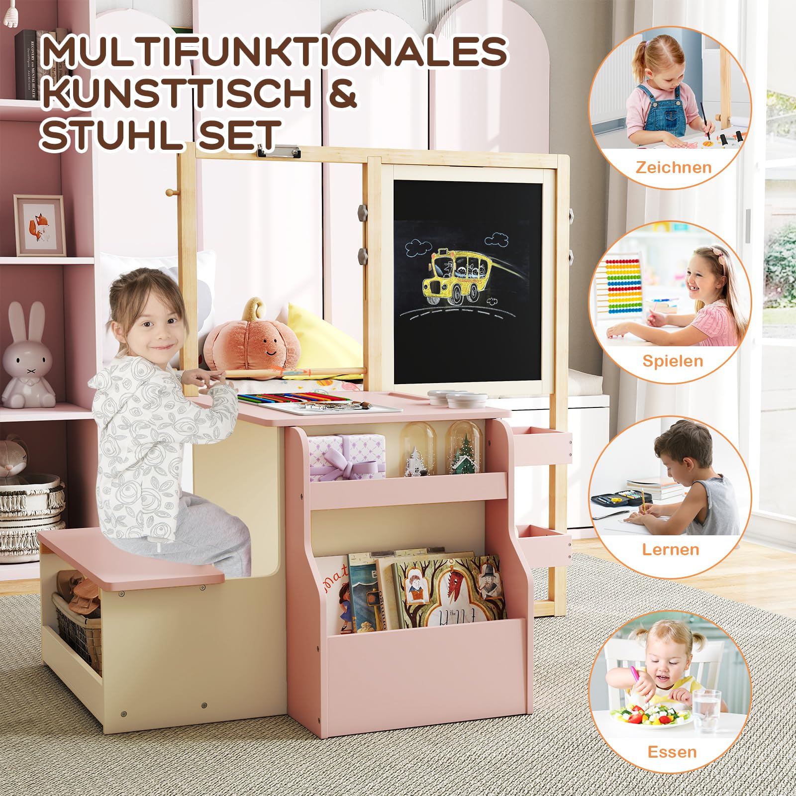 COSTWAY 6 in 1 Kinder Staffelei Set, Standtafel aus Holz mit doppelseitiger Kreidetafel & Whiteboard & Papierrolle, Kindertafel höhenverstellbar mit Bank, Ablagen für Kinder ab 3 Jahren (Rosa)