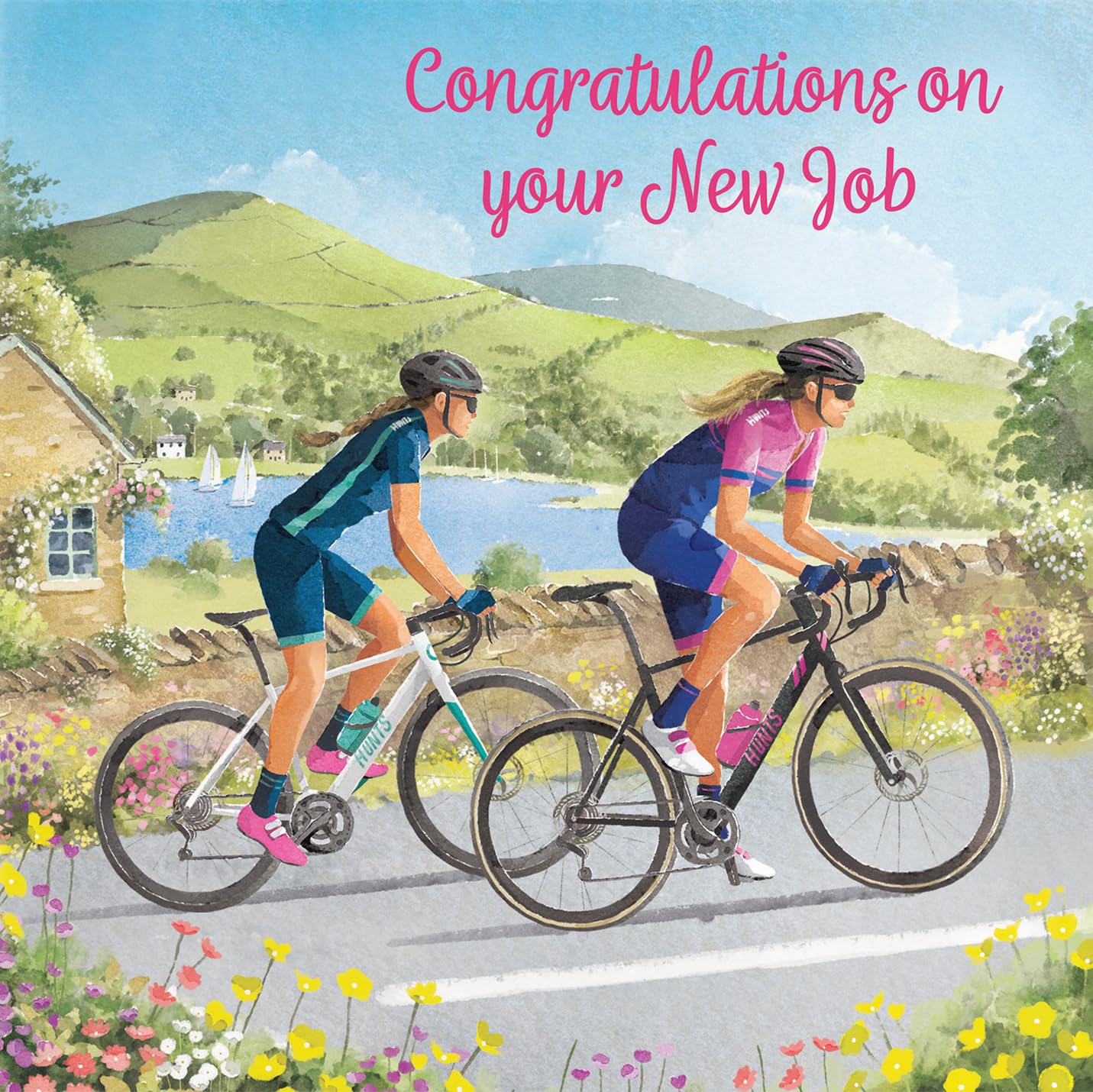 Hunts England, Cycling Fun New Job Congratulations Card, Milo's Gallery, Female Cyclist Congratulations Card - Image 2