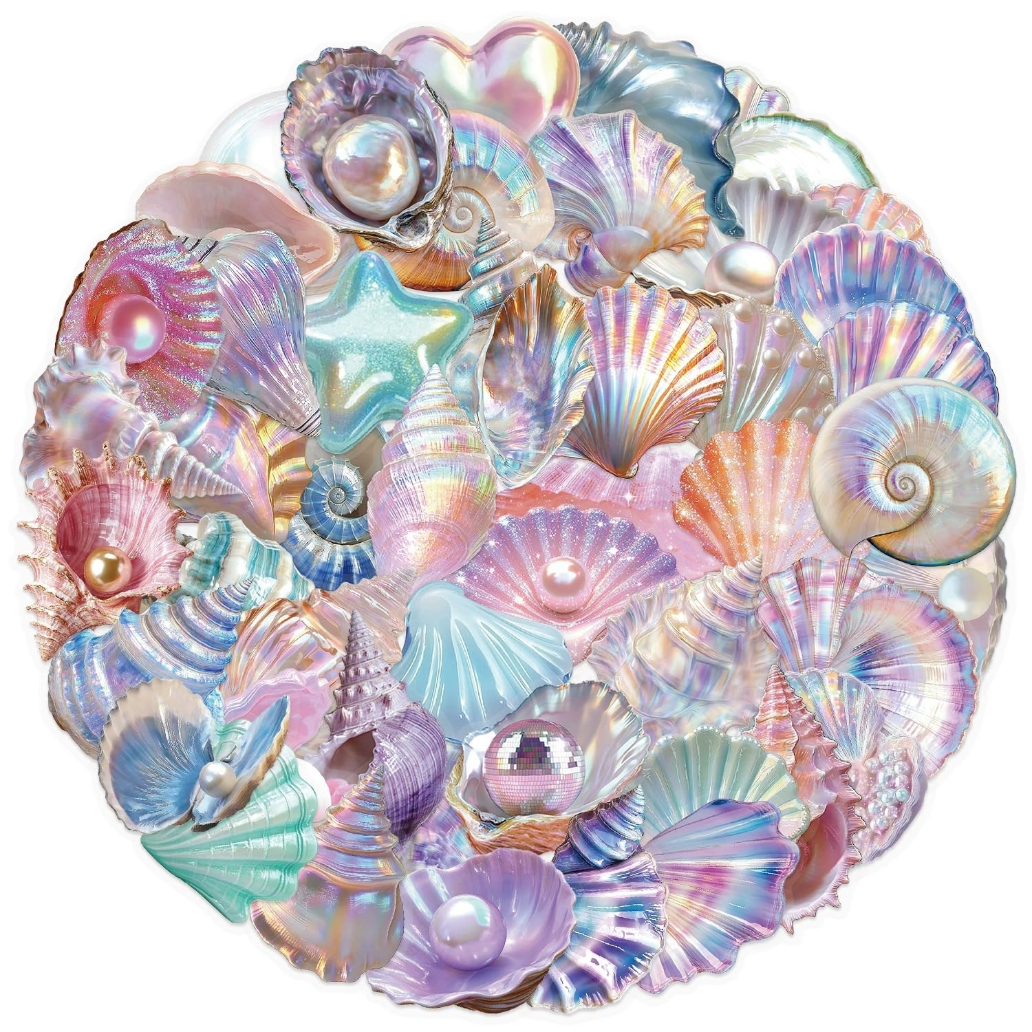 50 Pcs Watercolor Shell Stickers for Kids Teens Adults Boys Girls Gift,Shell Stickers Pack for Laptop,Skateboard,Luggage,Car,Bike,Cup,Computer,Water Bottle Decor,Transparent Vinyl Waterproof Decals