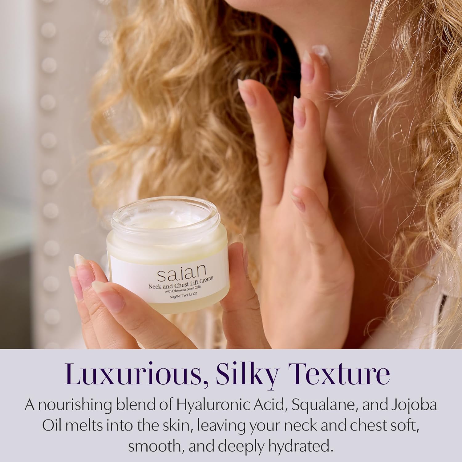 Saian Neck & Chest Lift Creme with Edelweiss Stem Cells - Enhances Neck Chest Decollete Tone and Texture, Hydrating Moisturizer Cream for Daily Smoothing and a Firmer-Looking Skin Appearance - 1.7 oz