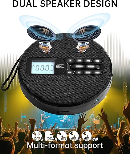 Miniatura 2 de Reproductor de CD portátil con altavoces, reproductor de CD personal recargable para automóvil y hogar, pequeño reproductor de música de tela con