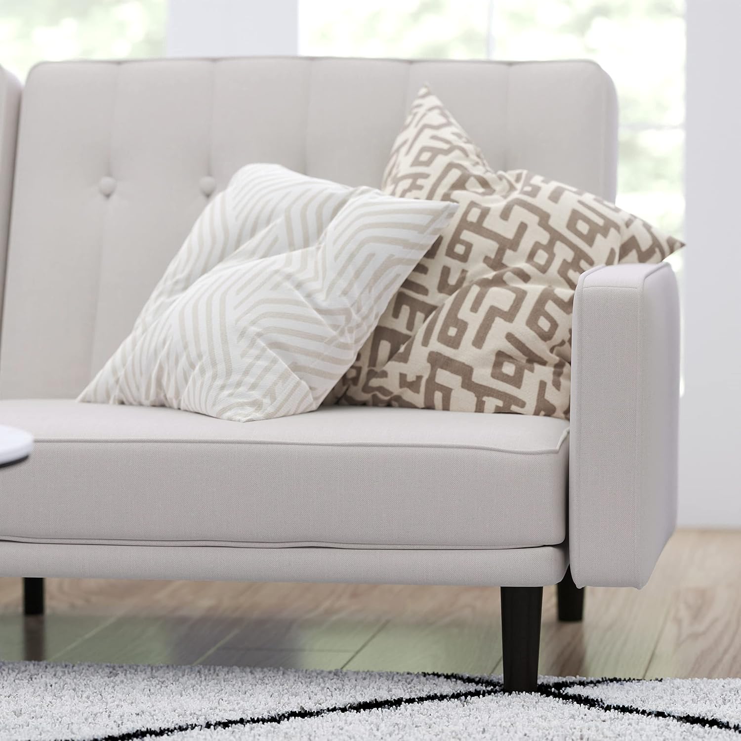 Merrick Lane Ramey Mid Century Modern Split-Back Sofa Futon - Stone Faux Linen Upholstery - 3 Positions Upright, Recline, Flat - Wooden Legs - Removable Arms