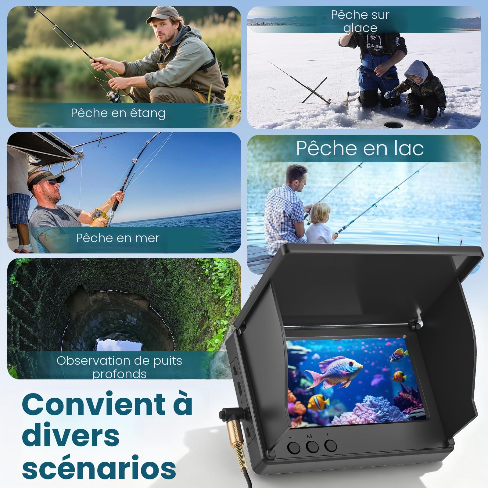 Sonar bathymètre, Fishfinder 4,3 pouces HD caméra sous-marine de pêche avec câble de 30 m, étanche IP65, batterie 5000 mAh, caméra sous-marine de pêche de nuit pour la pêche en mer, la pêche en