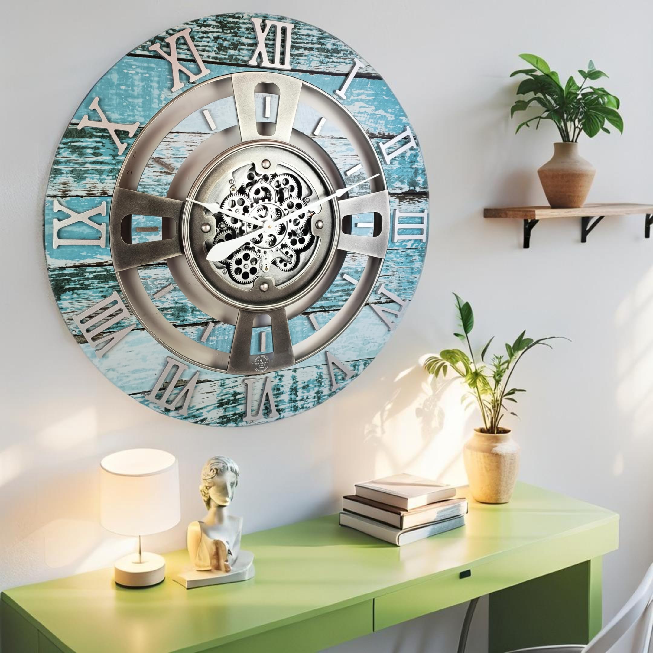 ImprovingLife The Gears Clock Real Moving Gear Wanduhr England Line (Aqua Green, 60 cm)