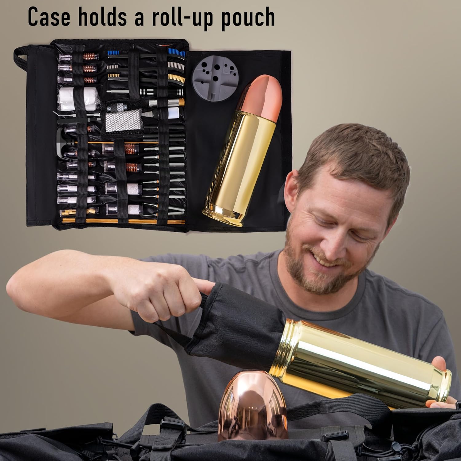 Deluxe Gun Cleaning/Gunsmithing Kit - Aluminum Bullet-Shaped Storage Case, Brass Rods, Wire Brushes, Mops, Adaptors, Slotted Patch Holders, Patches, Brush, Cleaning Pick, Empty Oil Bottle