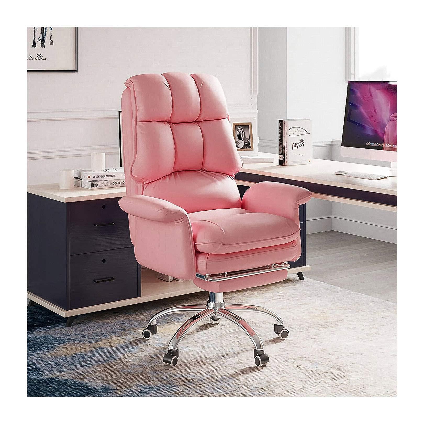 HTTGDGDH Modern Pink Ergonomic Office Chair, High Back Swivel Reclining Desk Chair With Footrest, Pu Leather Executive Home Office Chair For Comfort & Style,Pink