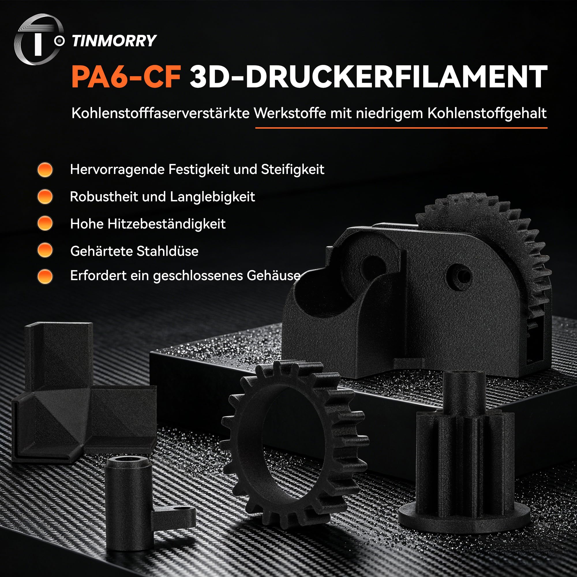 TINMORRY filament PA6-CF 1,75 mm, filament nylon do drukarki 3D 1 KG, Czarny