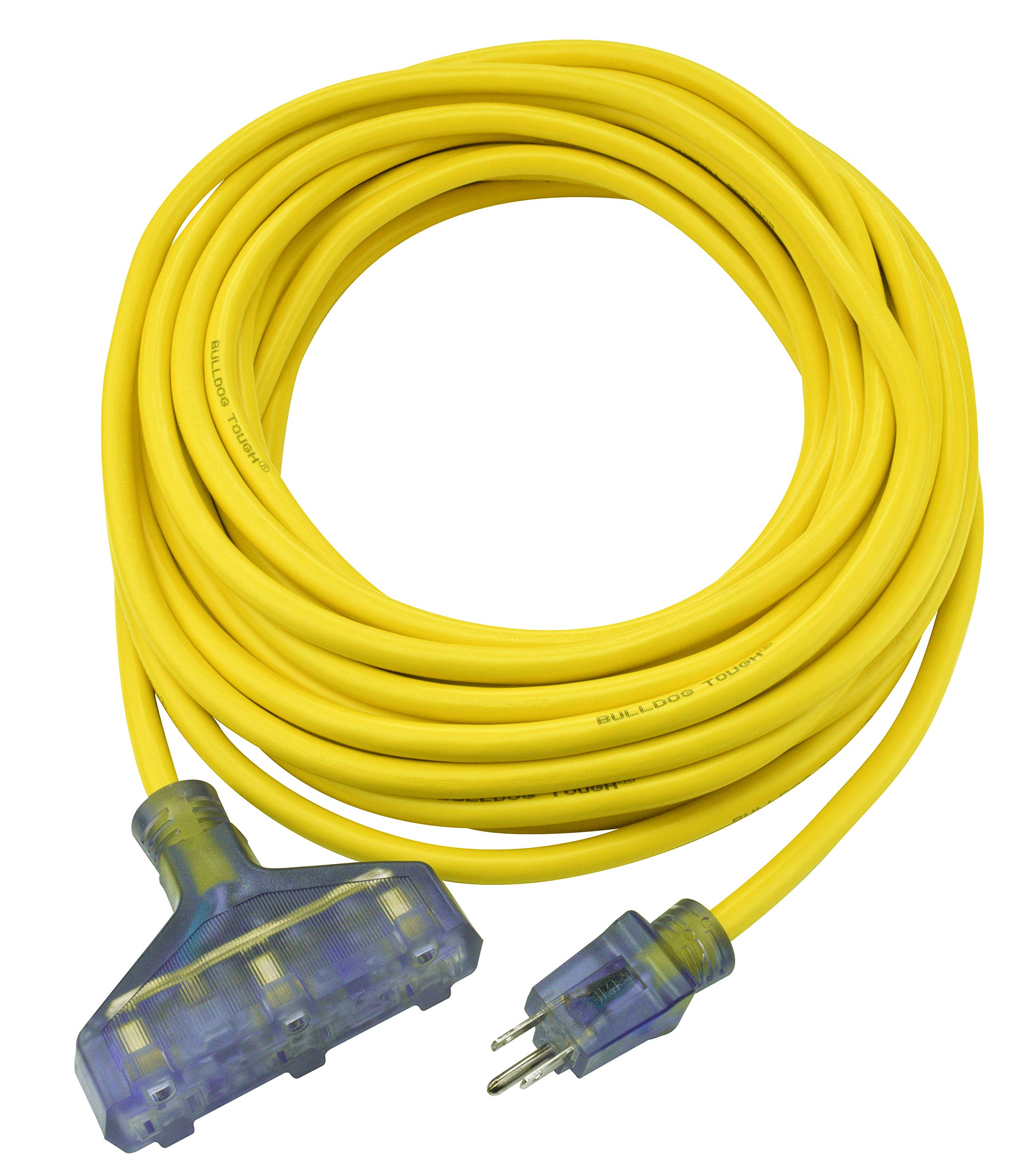 Prime Wire & Cable LT611830 50-Foot 12/3 SJTOW Bulldog Tough Heavy Duty Triple-Tap Extension Cord with PrimeLight Indicator Light, Yellow