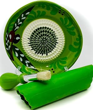 BonCera, All-in-one Premium Ceramic Garlic Grater Plate 4-Piece Set - Vintage Green Olive Design - For Garlic, Ginger, Chocolate, and more! - with 5" Plate, Peeler, Brush, and Stand