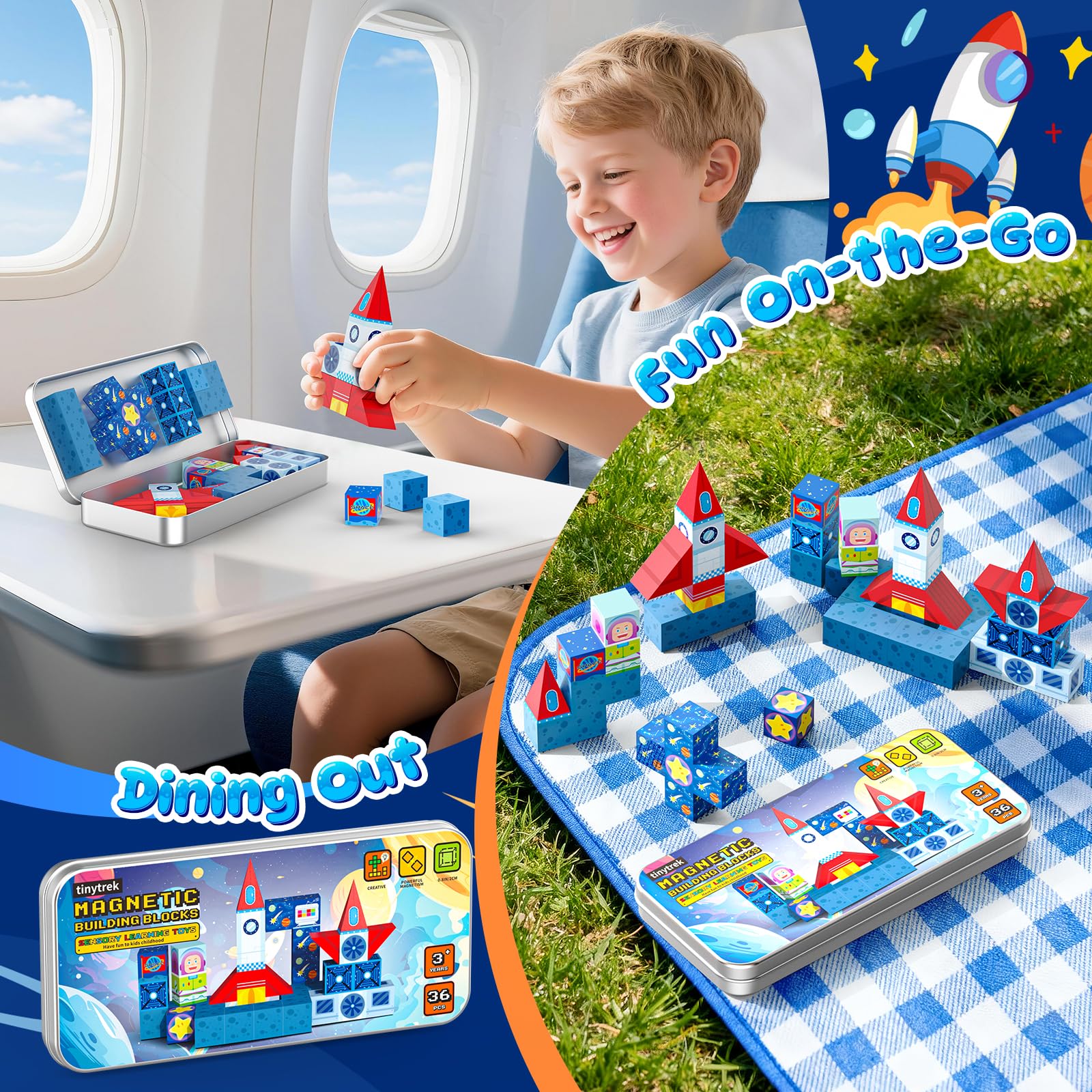 Magnetische Bausteine Reisespielzeug für Kinder 36 Stück Tragbare Reise Mini-Magnetbausteine Sensorisches kreatives Spielzeug Unterricht Geschenk für Jungen und Mädchen ab 3 Jahren