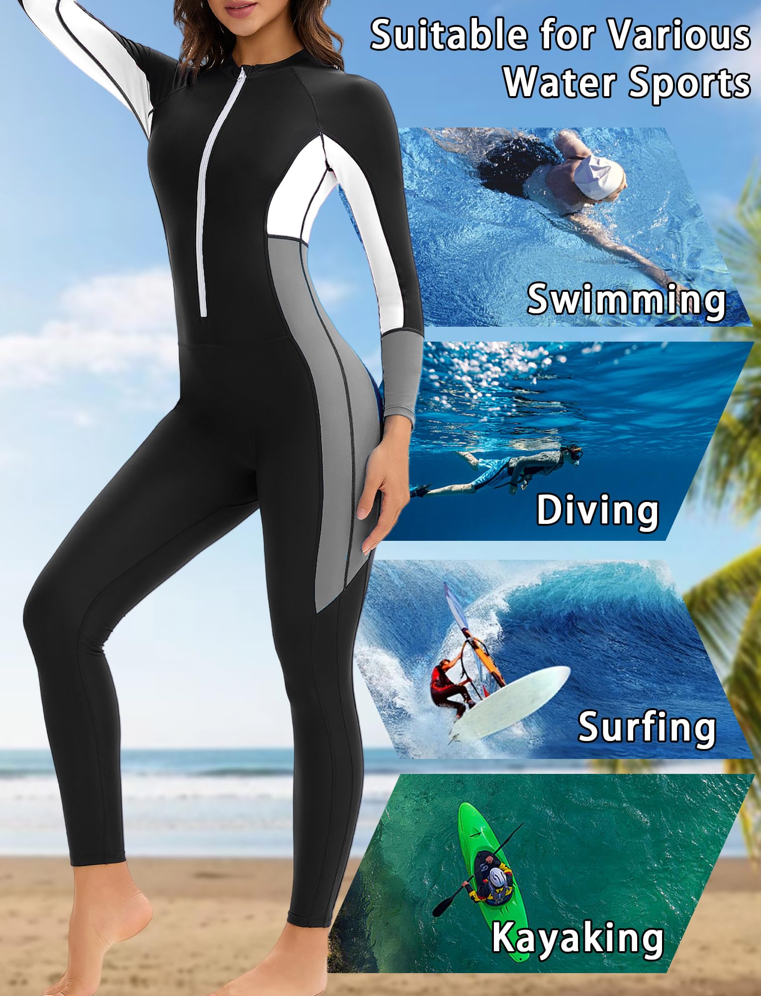 Rash Guard - Costume da bagno da donna con protezione solare per gambe e braccia, con chiusura lampo, slim fit, taglie XS-3XL (taglia S-4XL)
