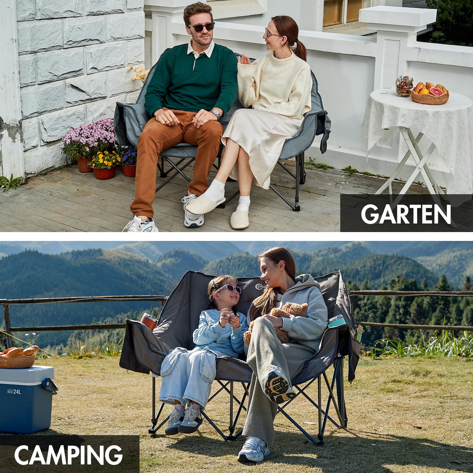 Portal Campingstuhl faltbar Campingsofa für 2 Personen 272kg belastbar Super Weich mit Lagerungstasche Doppel Klappstuhl Faltsofa Dick Gepolstert Hohe Rückenlehne für Outdoor Garten Balkon
