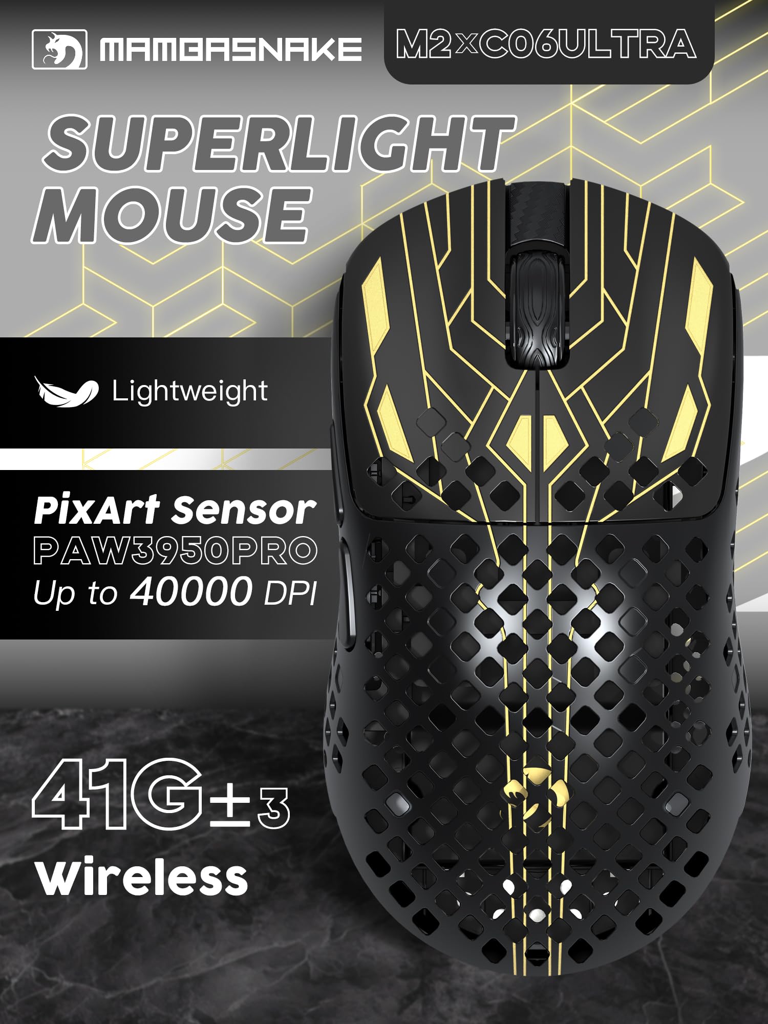 MAMBASNAKE M2 Ultra-Lightweight Wireless Gaming Mouse, PAW3395PRO Sensor 40000 DPI, 41g Carbon Fiber, Mouse Coiled Cable, Tri-Mode 2.4G/Bluetooth/Wired, 100M Clicks, Cloud Driver, Ergonomic Design - 2