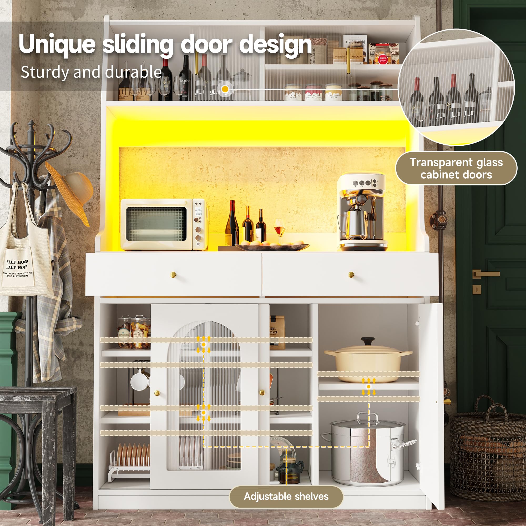 Armadio da cucina, mobile alto, armadietto a buffet con ripiani regolabili, armadio da pranzo con 2 cassetti, credenza con illuminazione a LED, colori luce variabile (bianco)