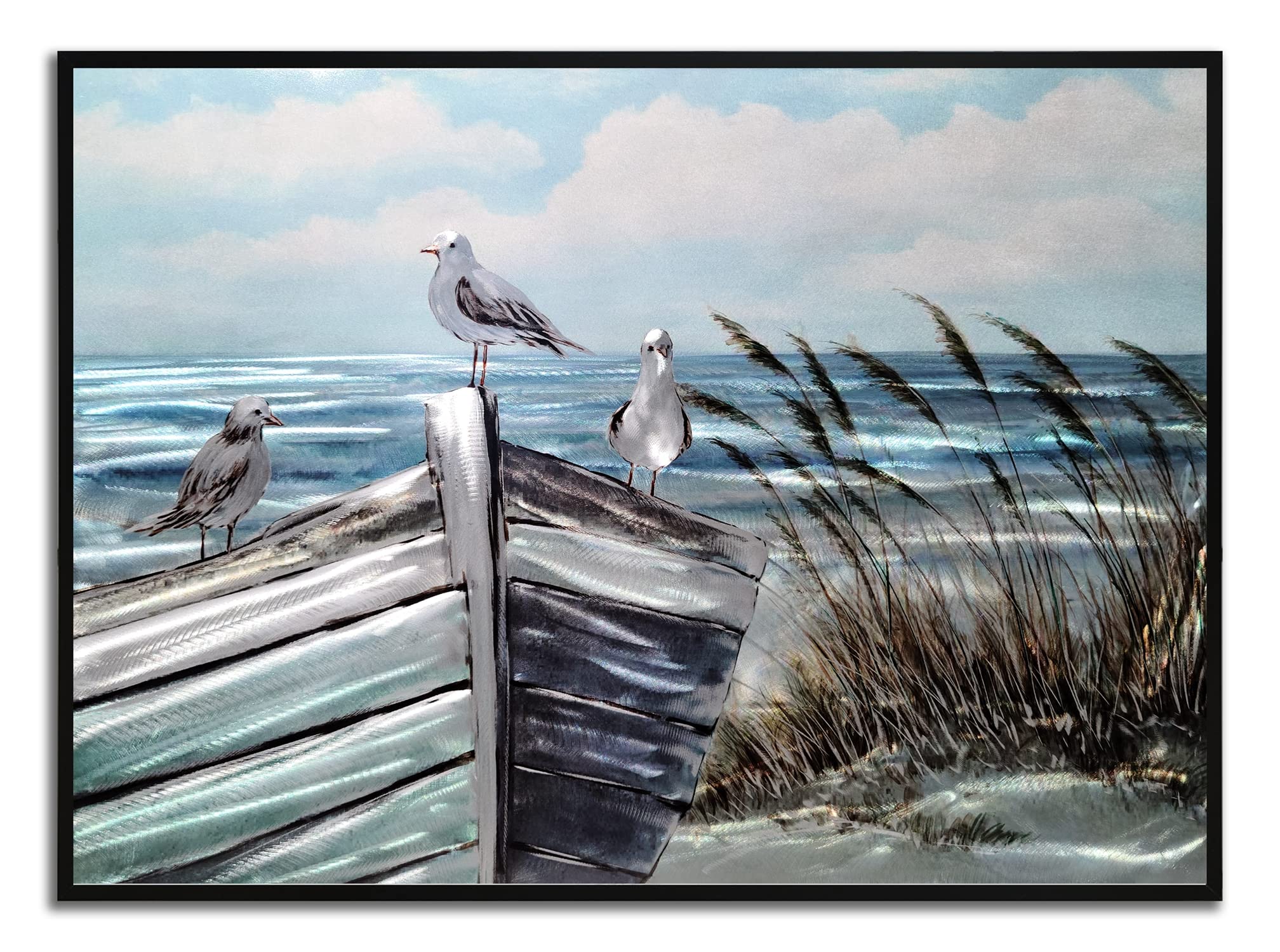 SYGALLERIER Hand Crafted Coastal Seagull Boat Metal Wall Art - Nautical Beach Scene Painting for Home Decor，24x16 inch Aluminum Plate Painting with