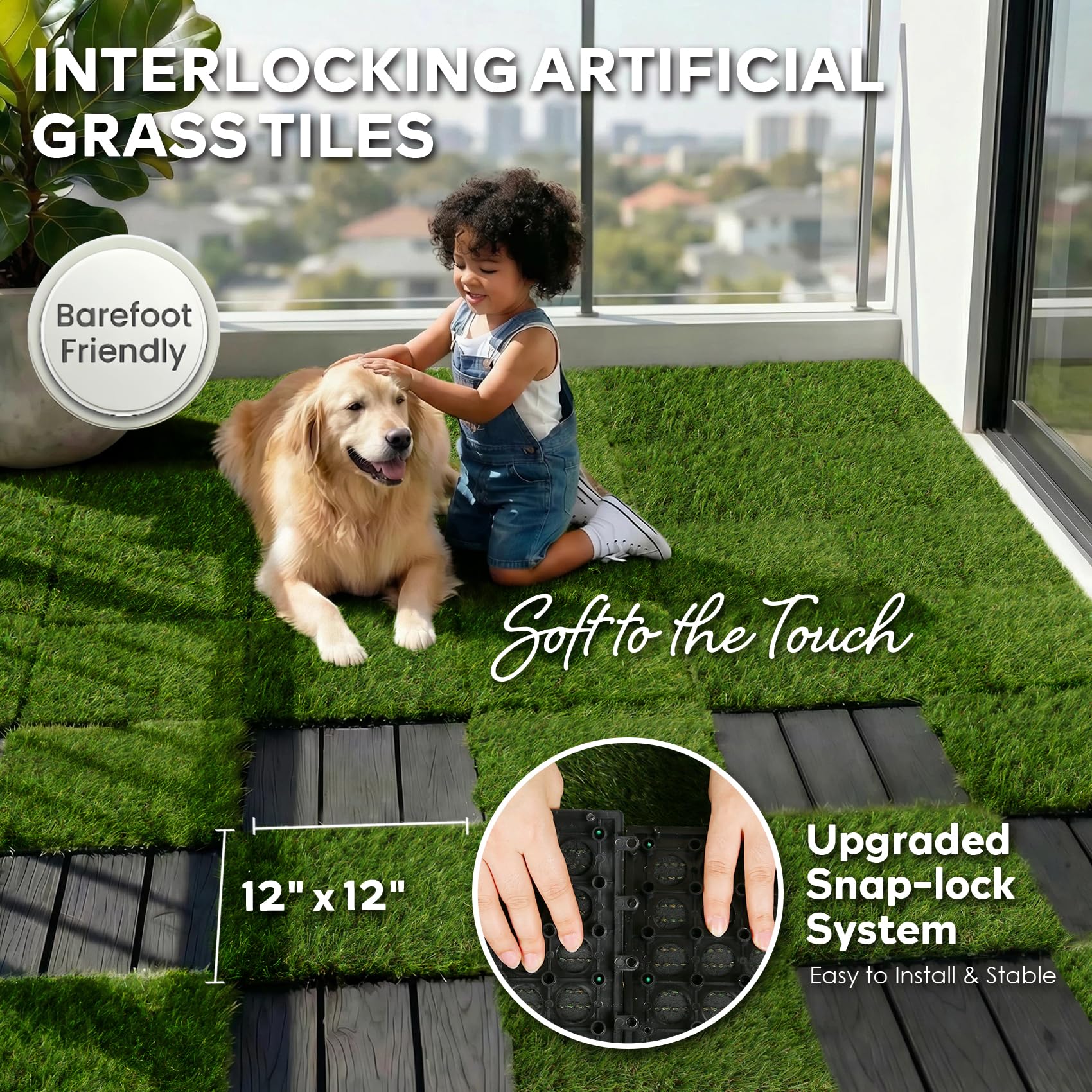 XLX TURF Piastrelle in erba artificiale ad incastro, per terrazza, autodrenante, con fibbia rettangolare ad incastro, 30 x 30 cm, confezione da 6
