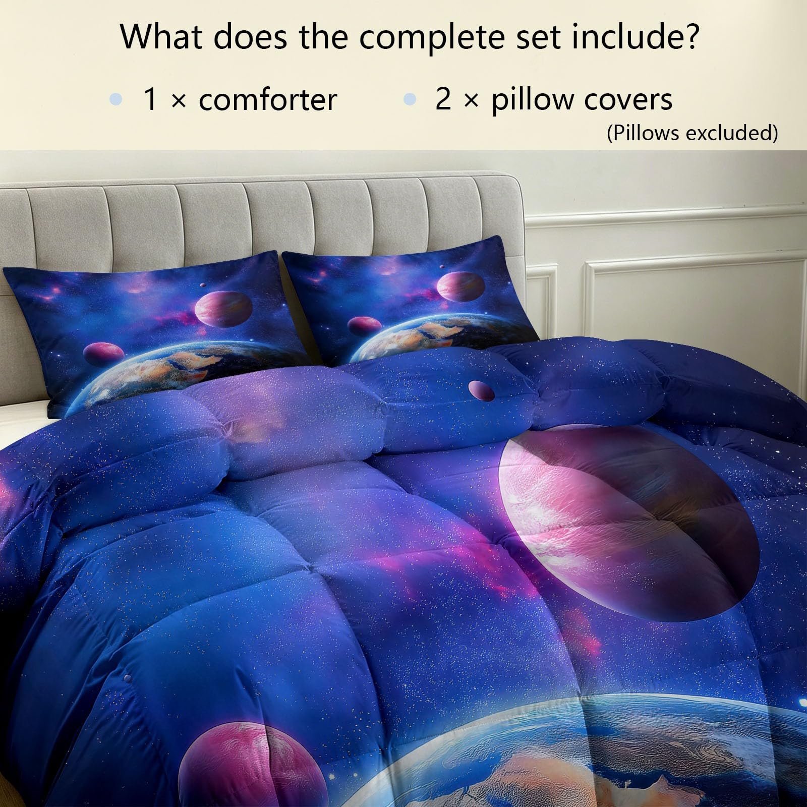 Bettdecke ohne Bezug Erde Planeten Galaxie 155 x 220 cm, 4 Jahreszeiten Universum Natur Steppdecke mit 2 Kissenbezügen 80x80cm - Weiche Atmungsaktive Ganzjahresdecke Waschbar Schlafdecke - Lila