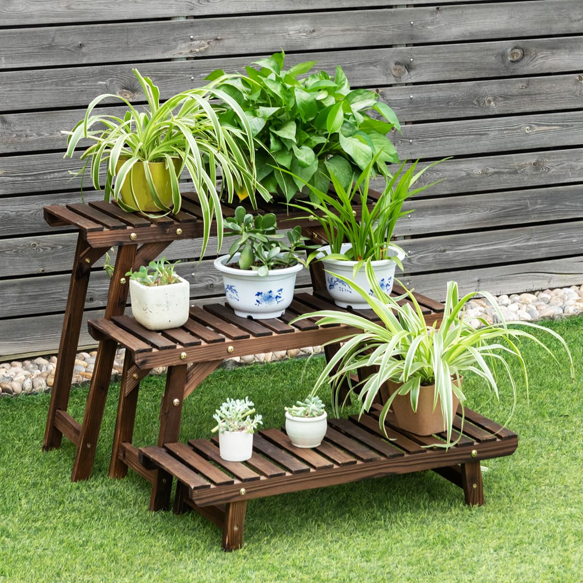 Étagère pour plantes en bois à 3 Etagères Interieur et extérieur, Support Plantes, Présentoir, Porte Plantes, Piédestal à Echelle pour Salon Balcon Terrasse Jardin
