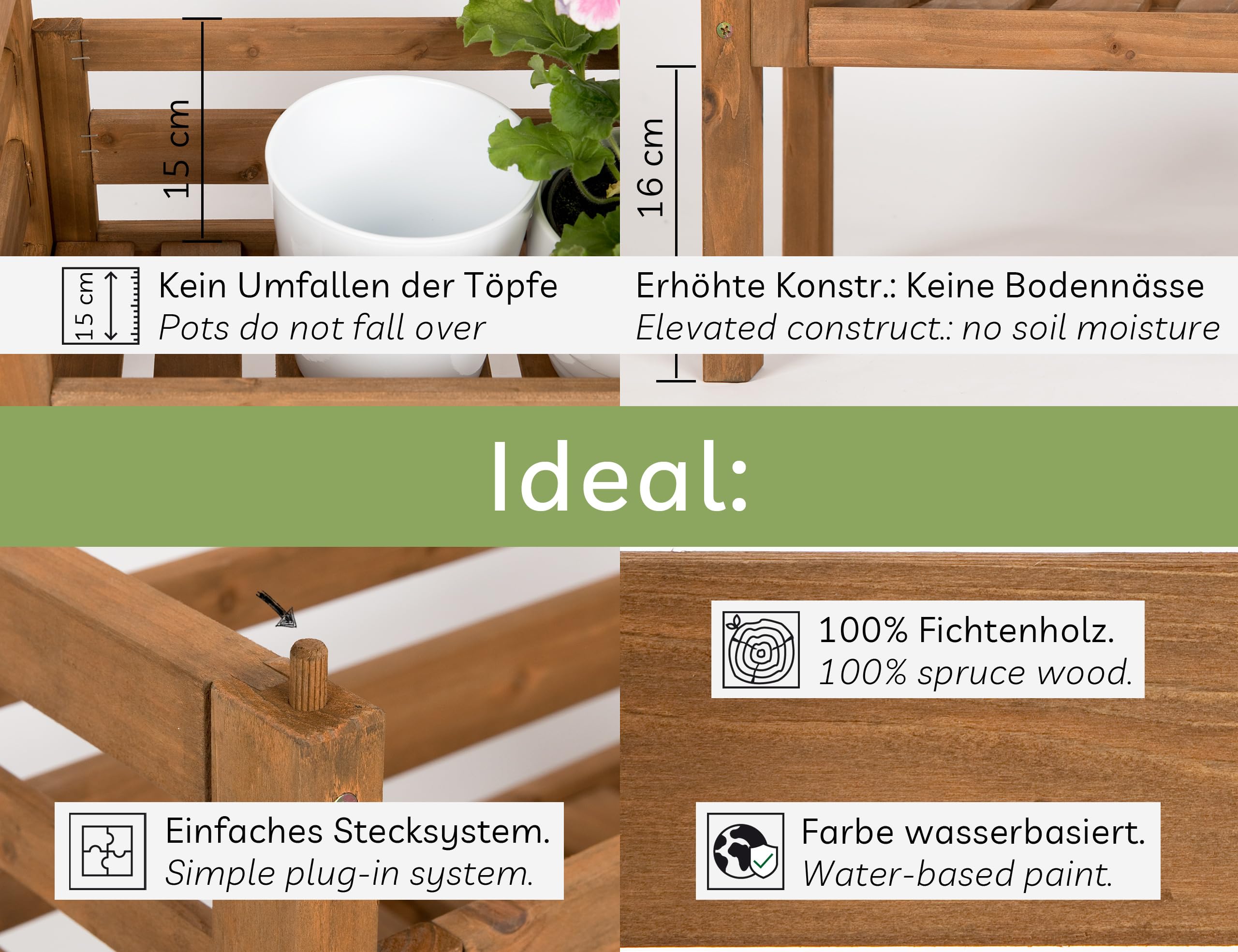 needs&wants® 3-fach multifunktional: Pflanzenständer Blumenständer aus Holz wetterfest für Indoor Outdoor Balkon Garten Wand, Pflanzenregal Blumentreppe, braun