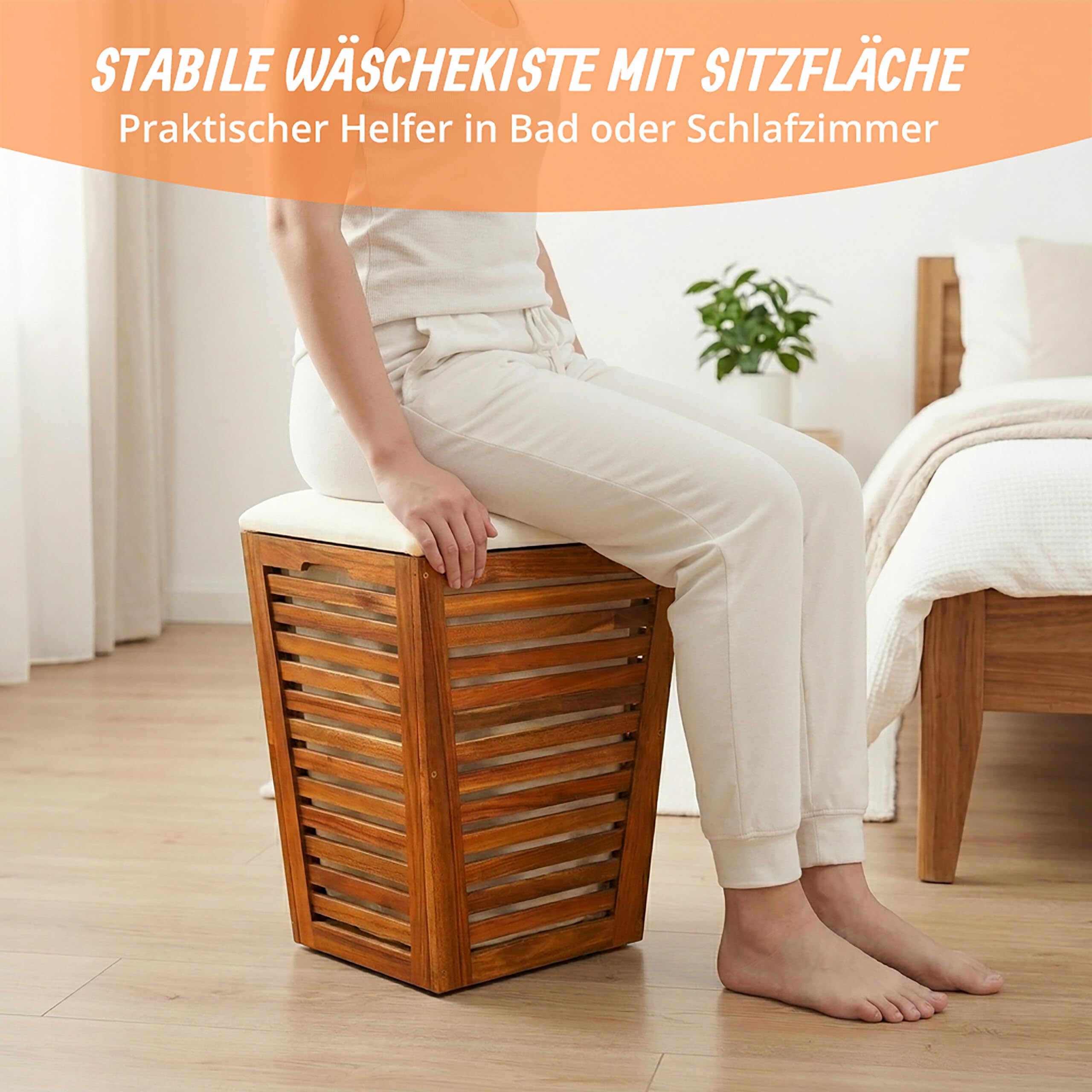 Relaxdays Wäschekorb mit Sitz, Badbank mit Stauraum, 50 l Wäschesammler, HBT 56x40x40 cm, Akazienholz, Stoff, braun/weiß